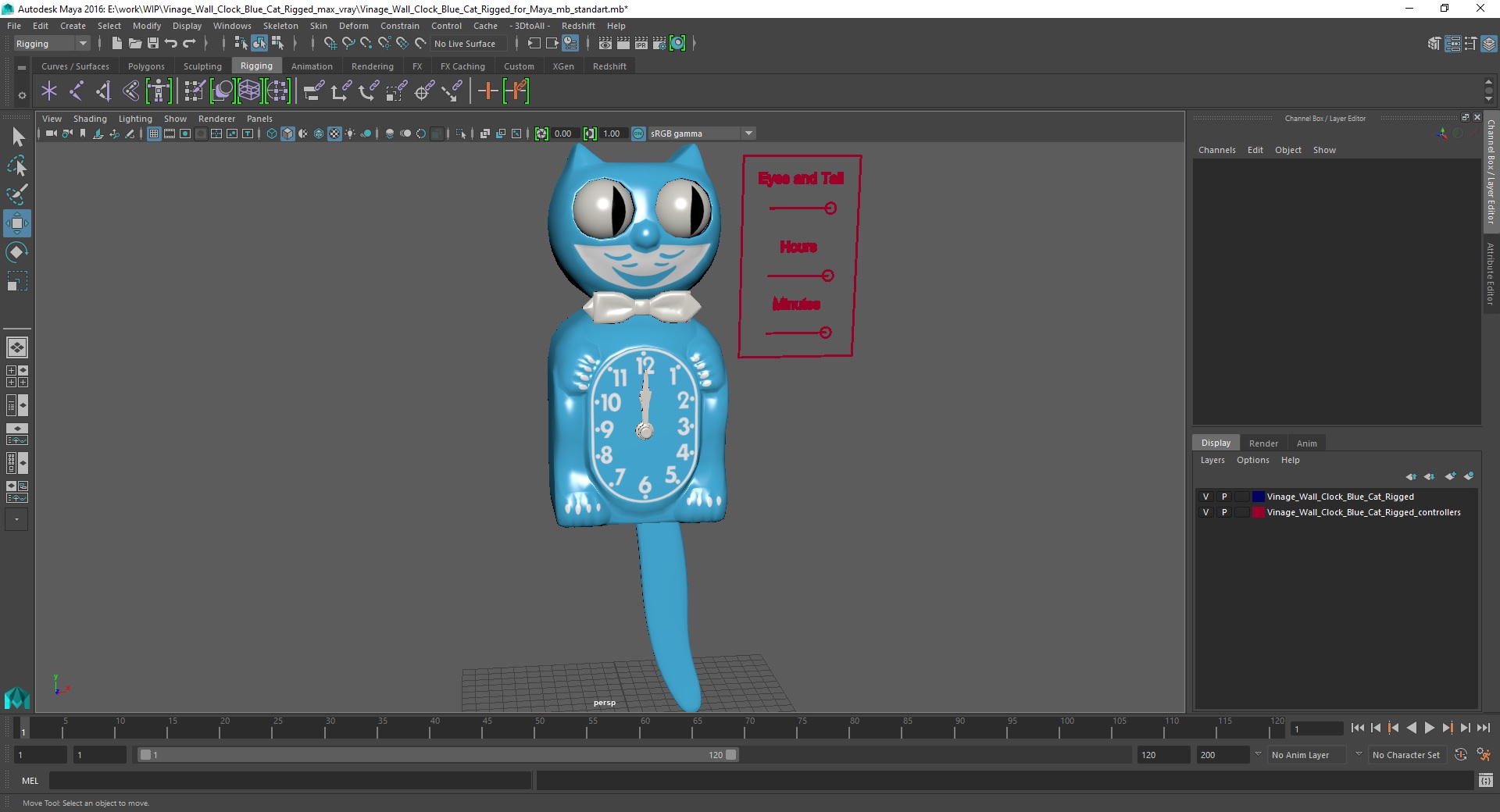 3D Vintage Wall Clock Blue Cat Rigged for Maya model