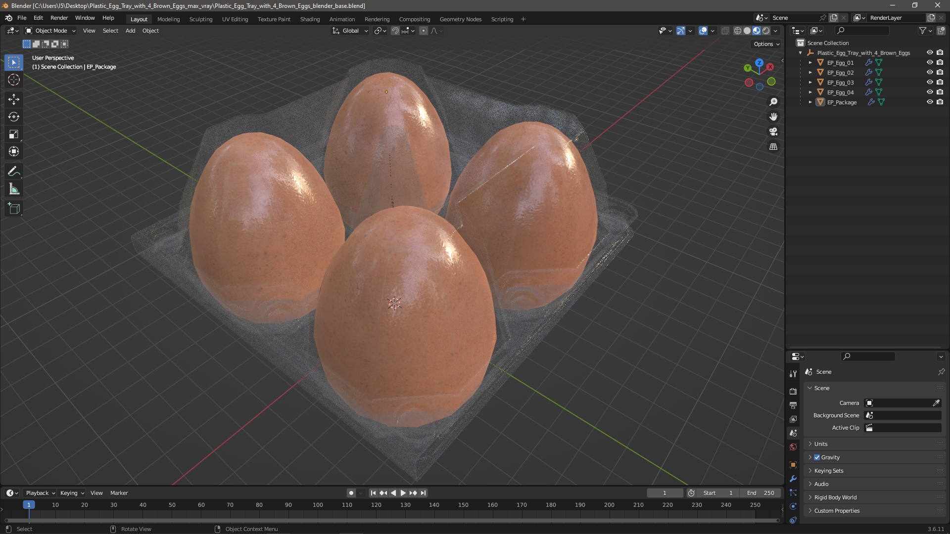 Plastic Egg Tray with 4 Brown Eggs 3D model