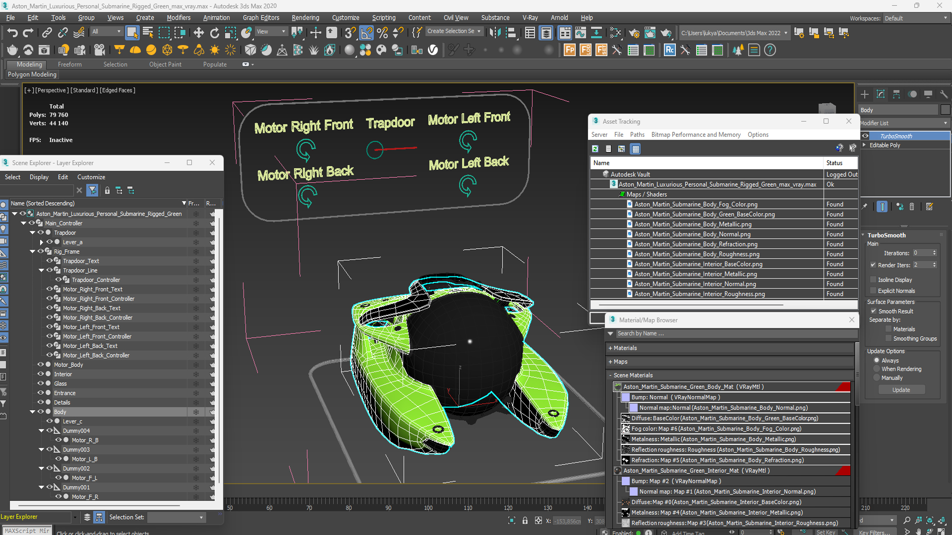 Aston Martin Luxurious Personal Submarine Rigged Green 3D model