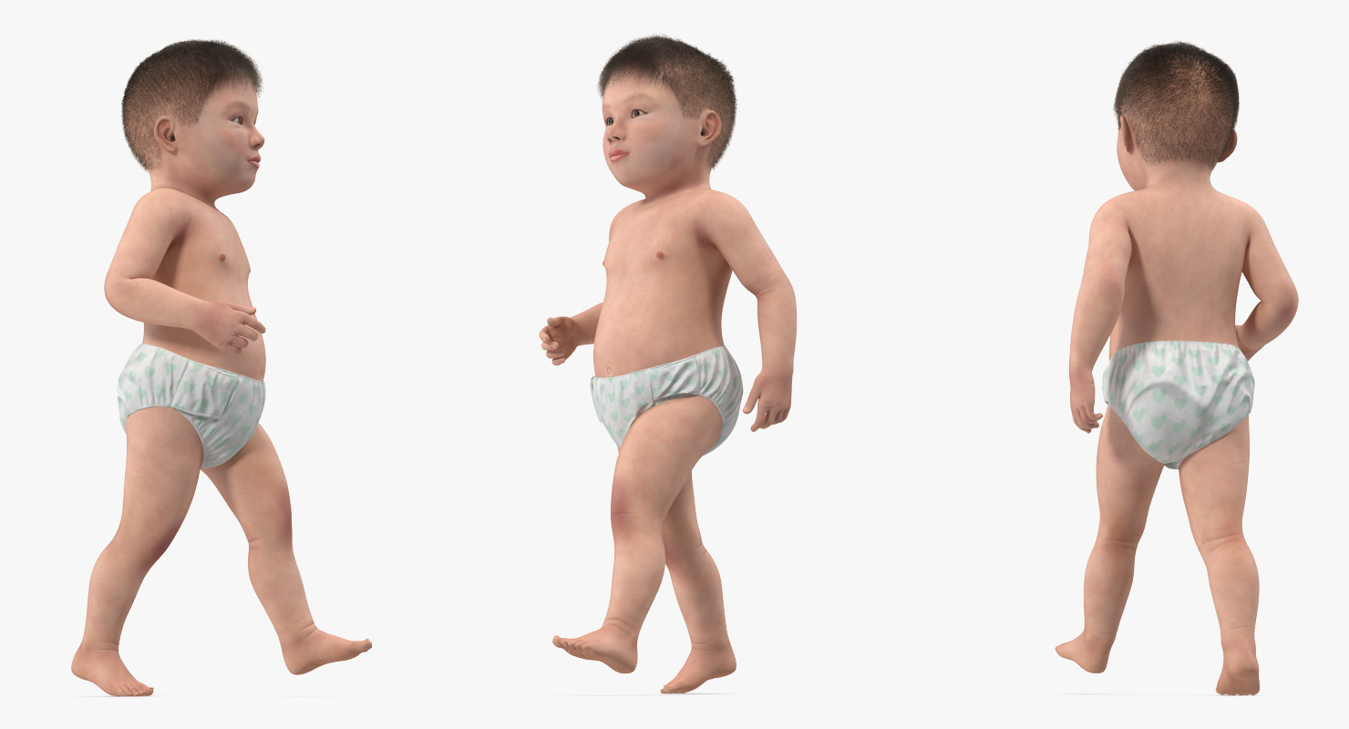 3D Asian Baby Boy Walking with Fur