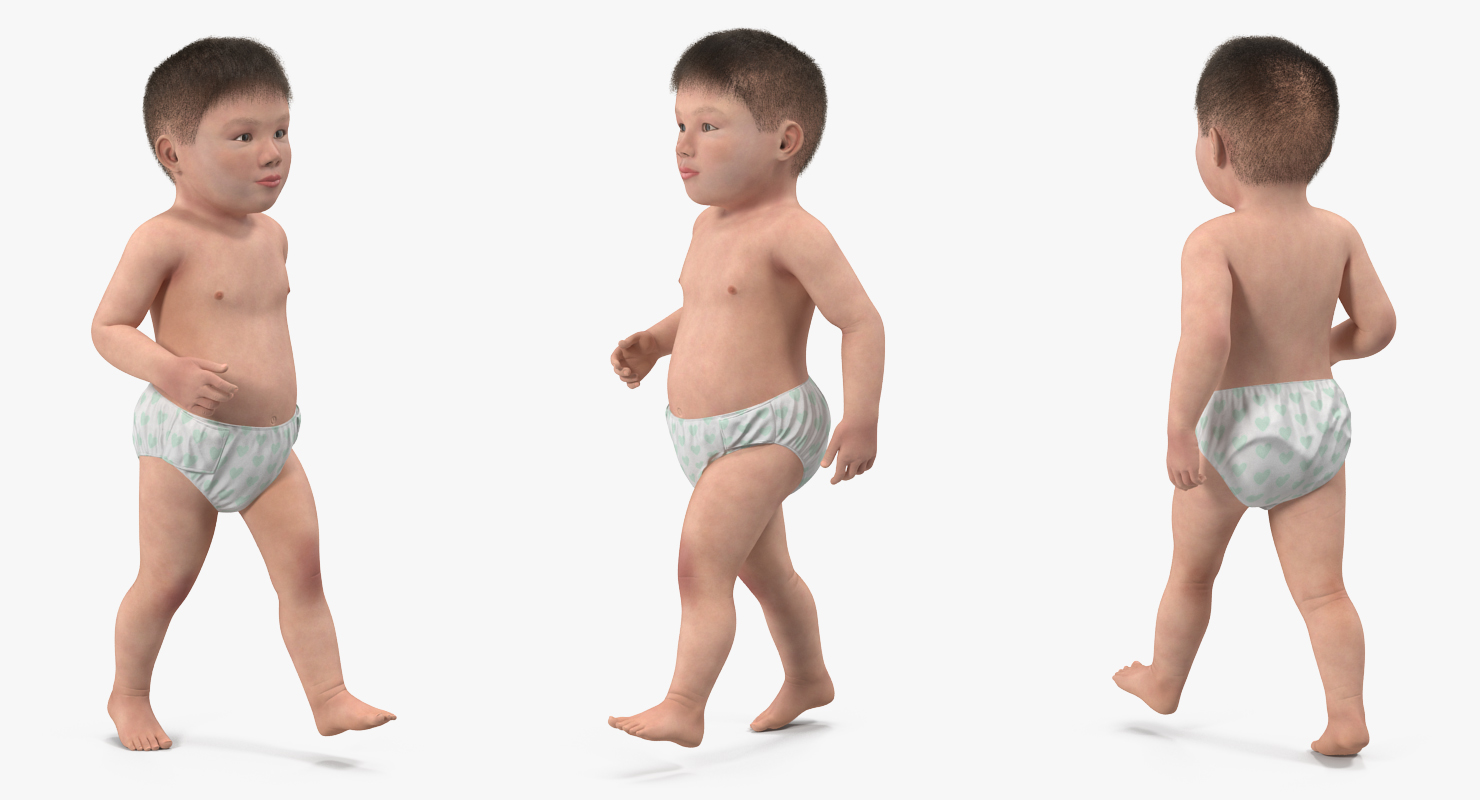 3D Asian Baby Boy Walking with Fur