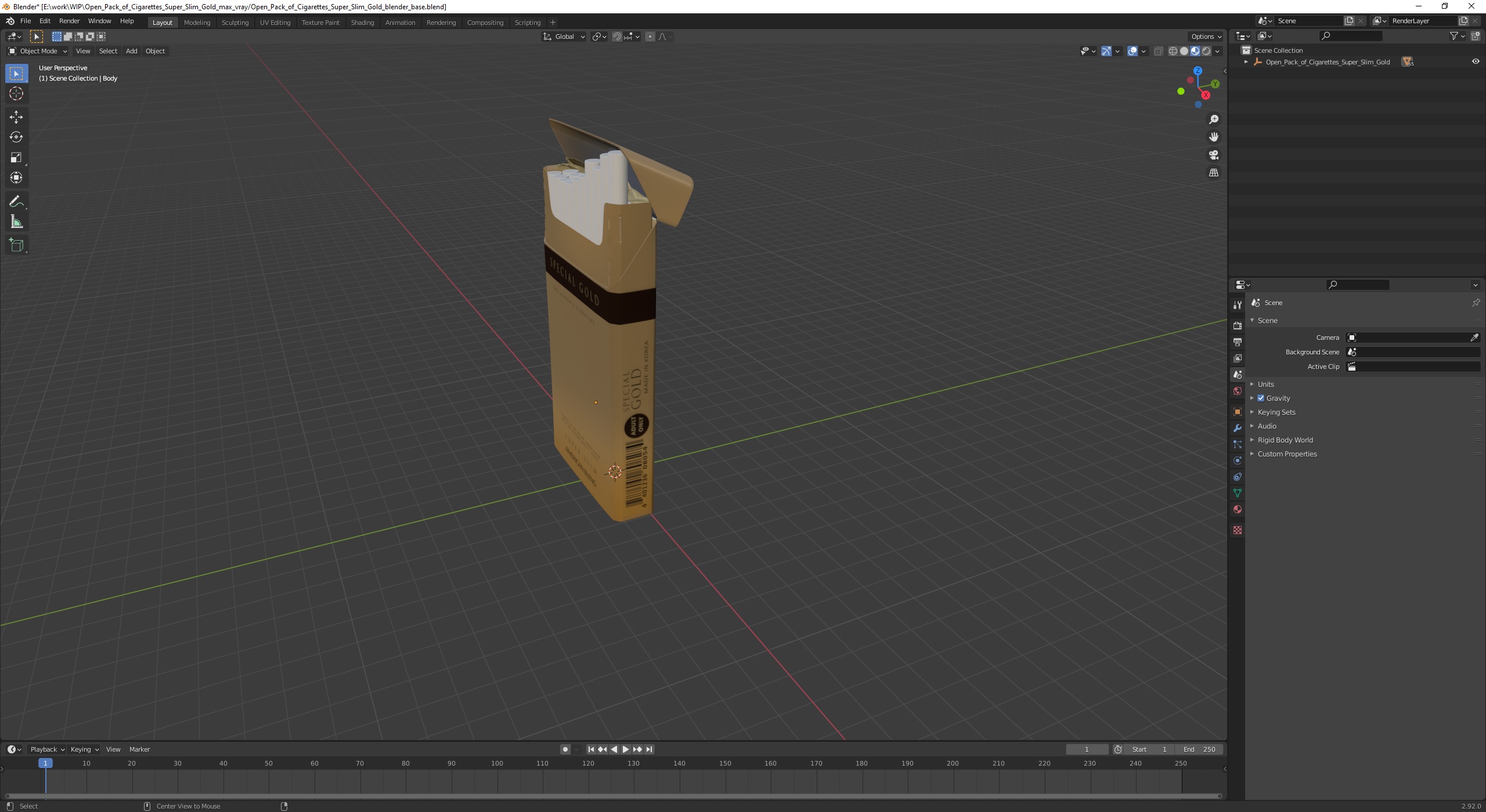 Open Pack of Cigarettes Super Slim Gold 3D model