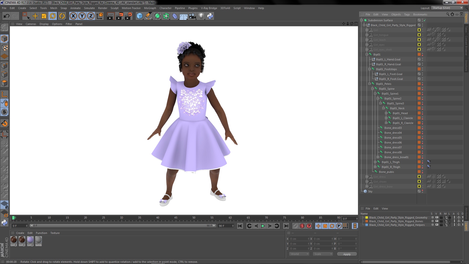Black Child Girl Party Style Rigged for Cinema 4D 3D model