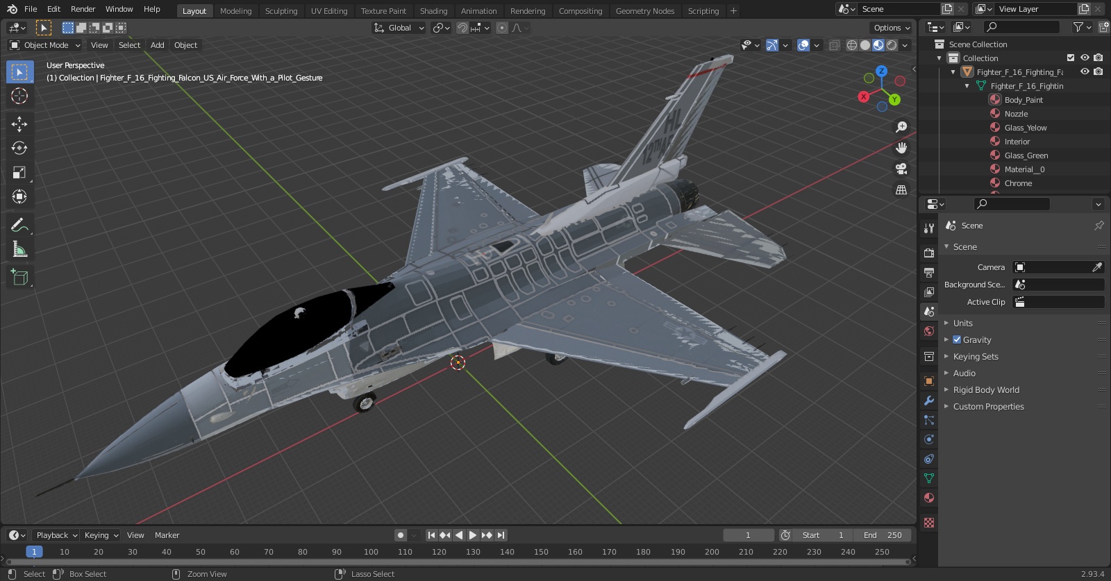 3D model Fighter F 16 Fighting Falcon US Air Force With a Pilot Gesture Ok
