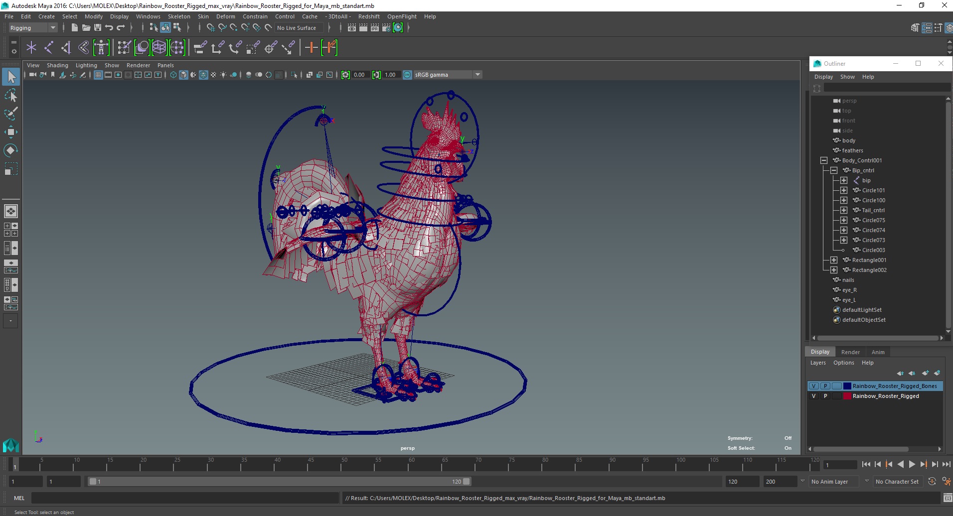 3D Rainbow Rooster Rigged for Maya