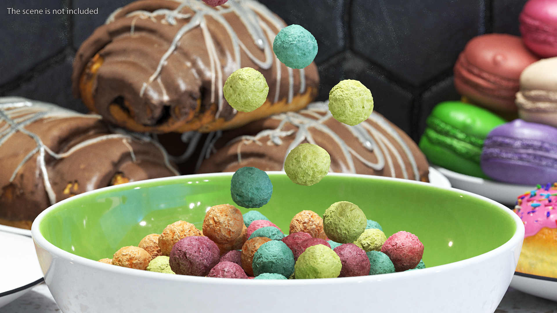 Colorful Cereal Balls Falling into Bowl 3D model