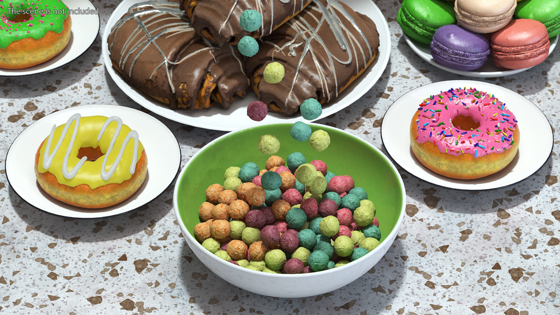 Colorful Cereal Balls Falling into Bowl 3D model