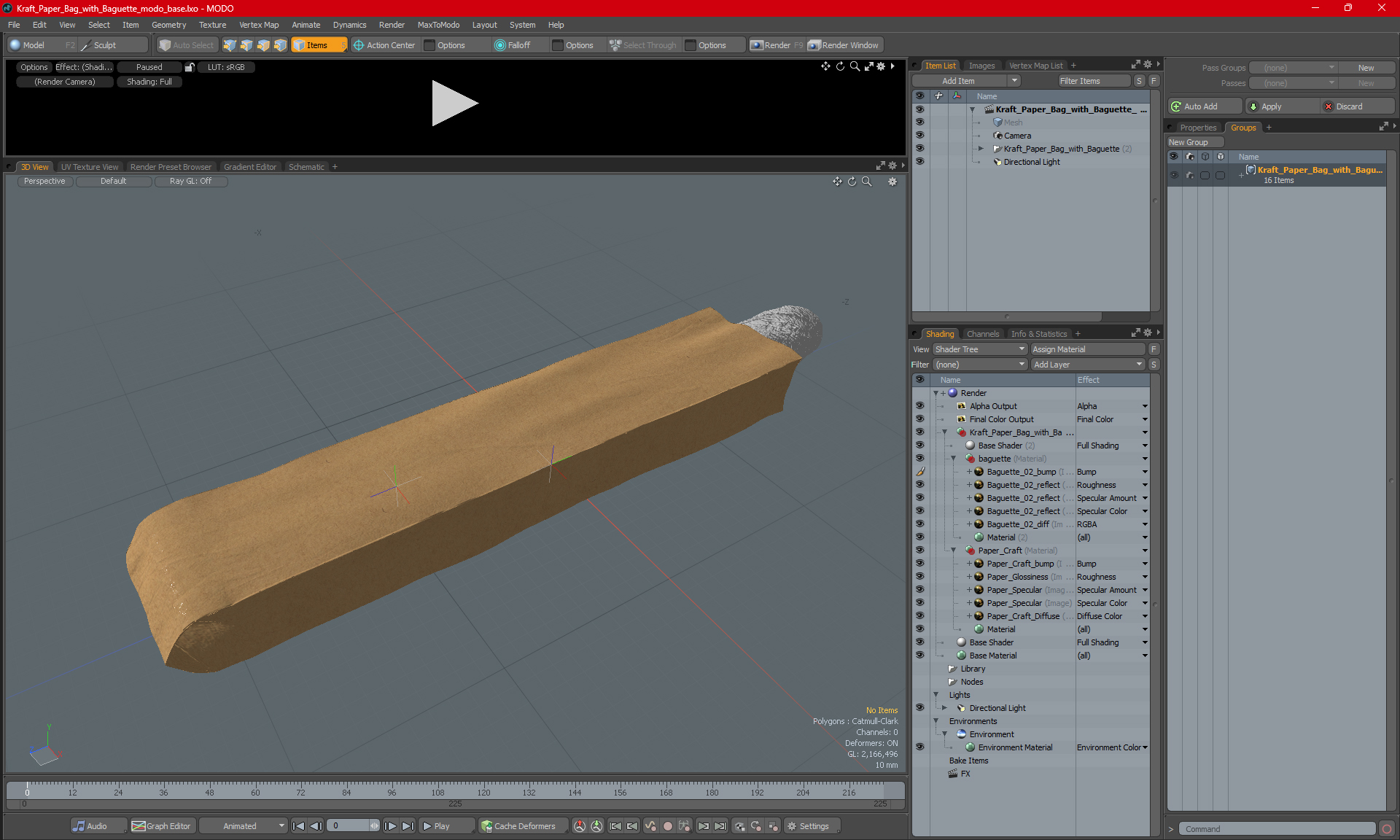 Kraft Paper Bag with Baguette 3D model