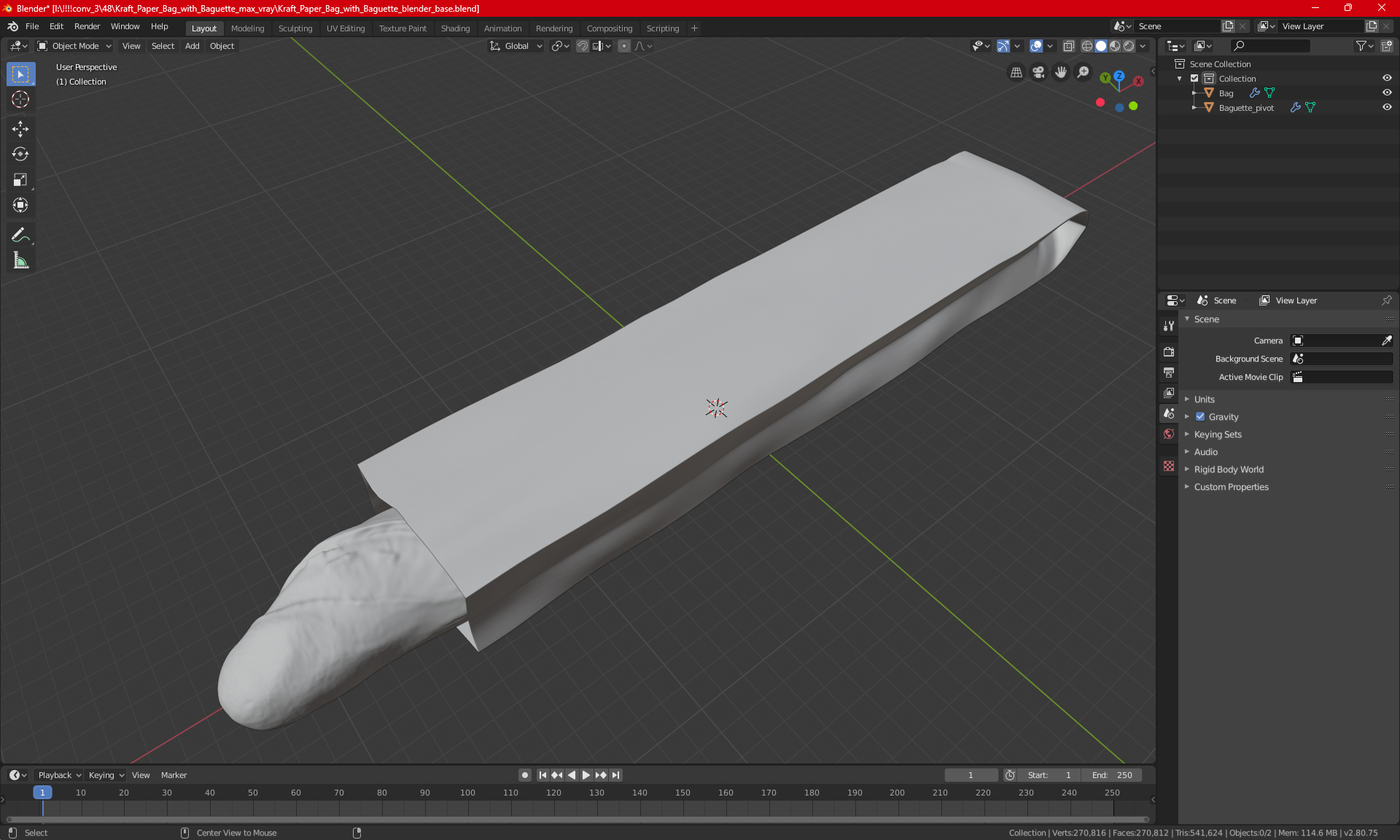 Kraft Paper Bag with Baguette 3D model