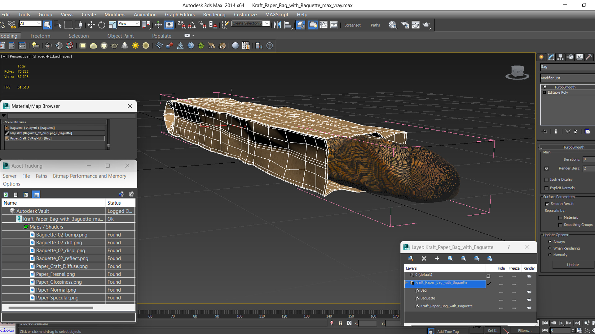 Kraft Paper Bag with Baguette 3D model