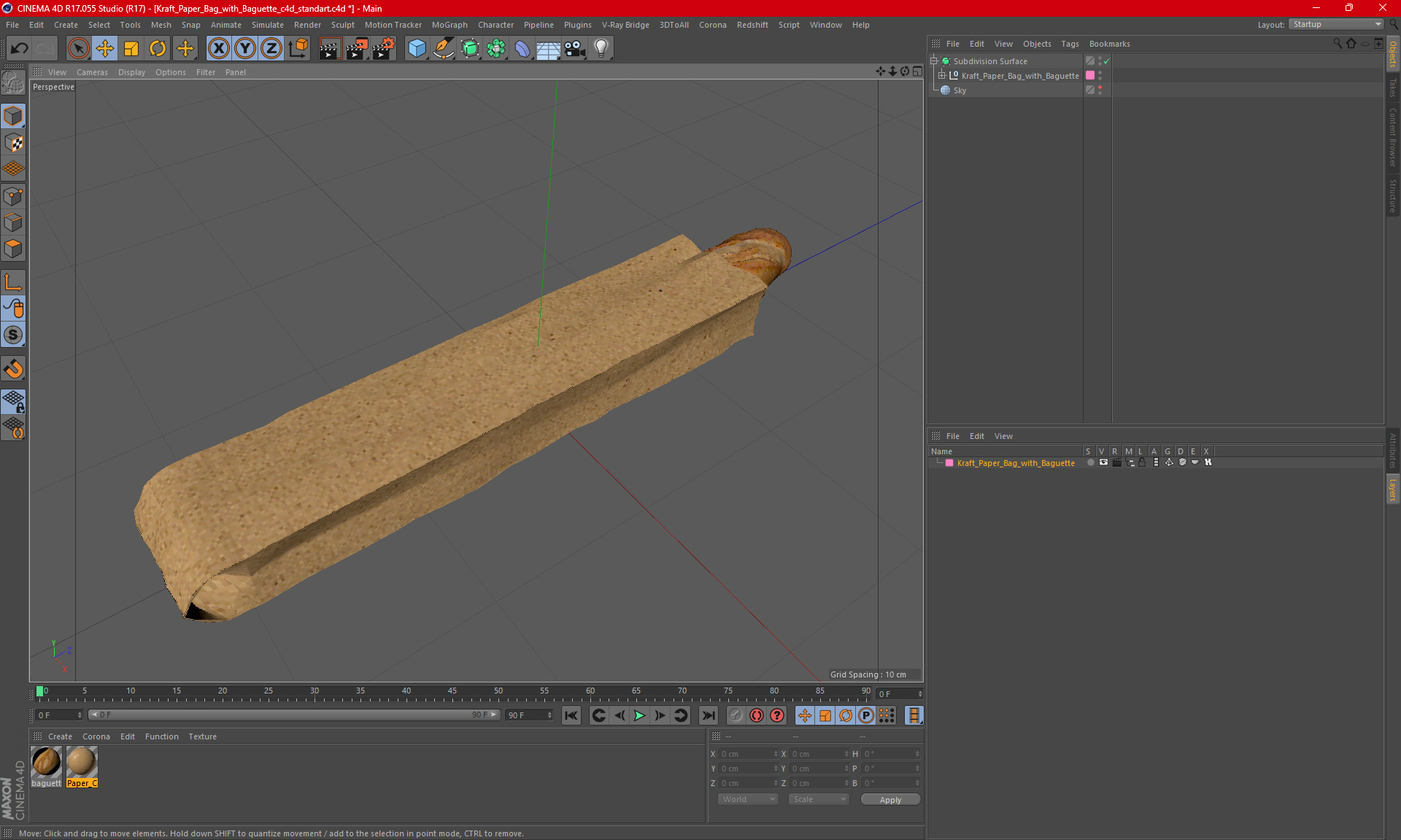 Kraft Paper Bag with Baguette 3D model