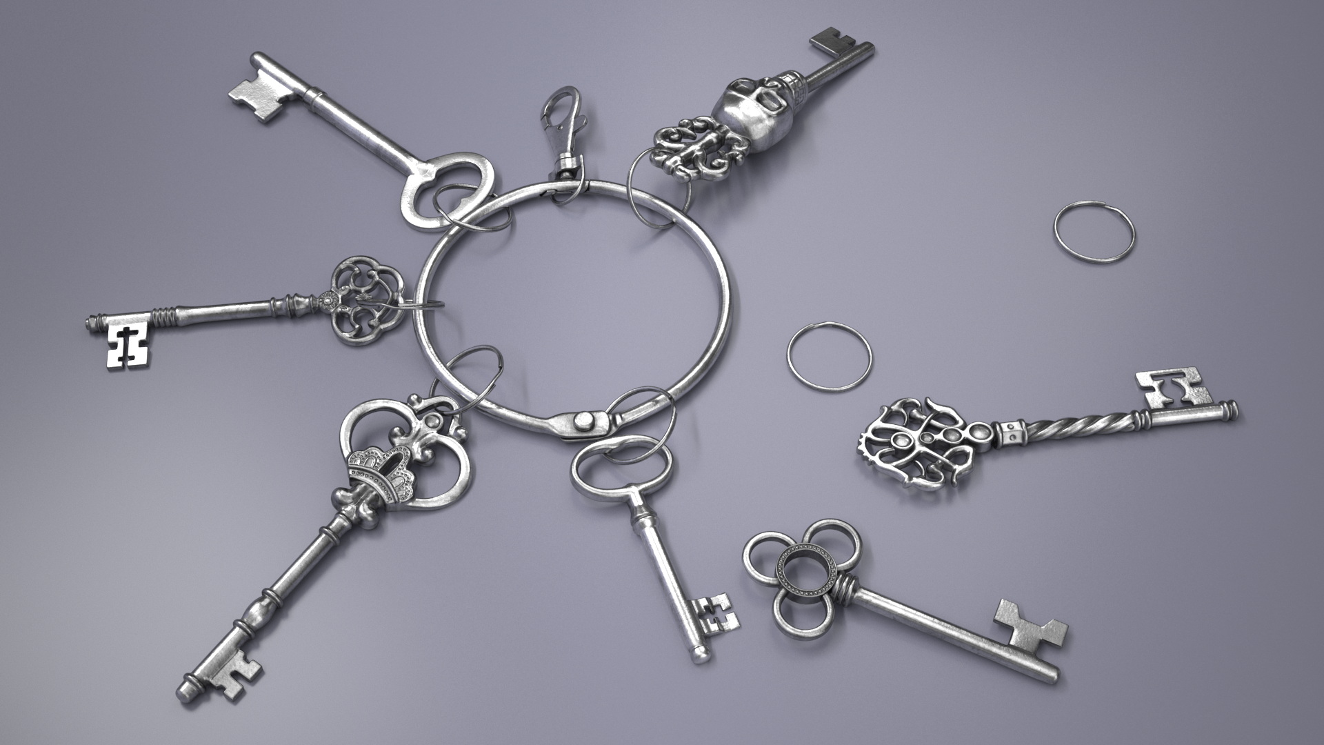 Historical Keys Ring Silver 3D