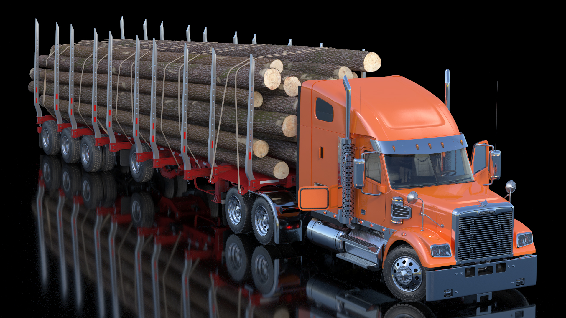 3D Freightliner Truck with Logging Trailer Rigged
