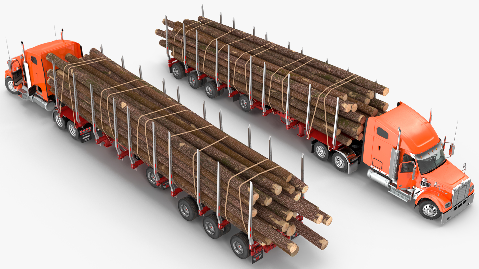 3D Freightliner Truck with Logging Trailer Rigged