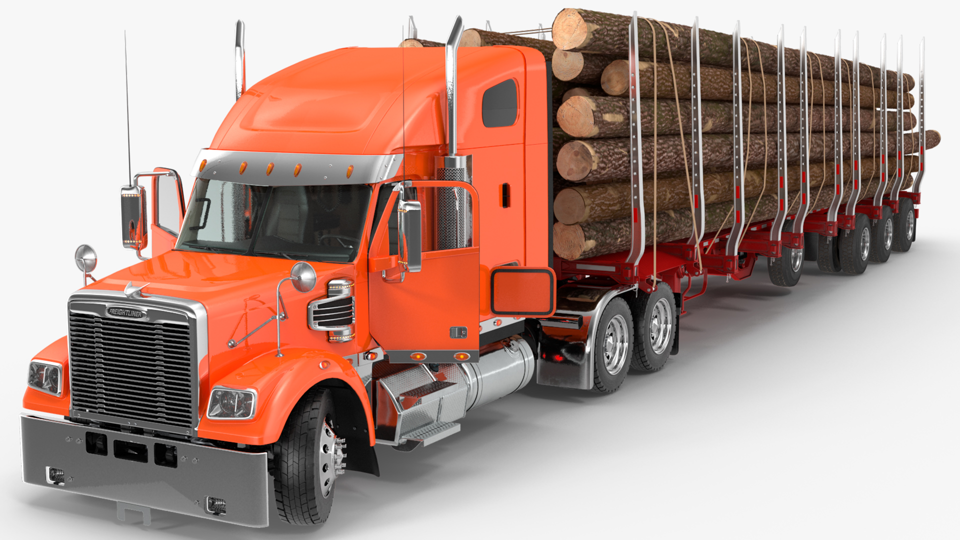 3D Freightliner Truck with Logging Trailer Rigged