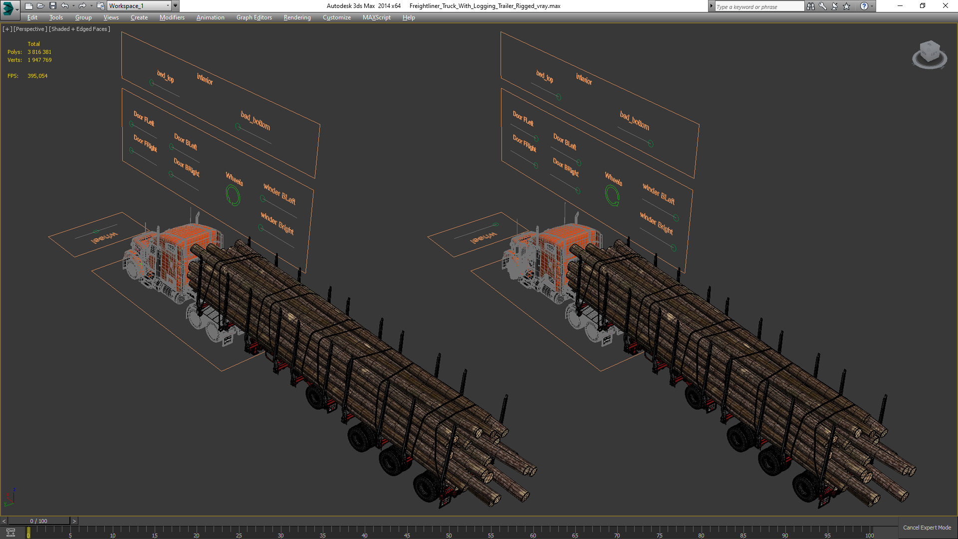 3D Freightliner Truck with Logging Trailer Rigged