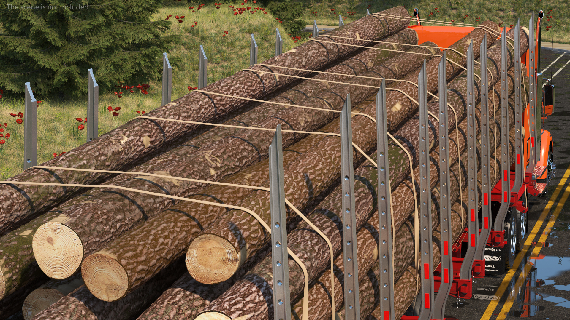 3D Freightliner Truck with Logging Trailer Rigged
