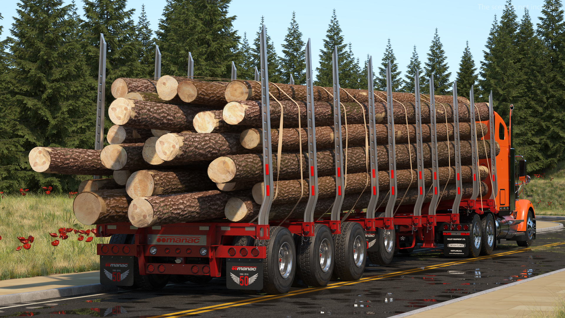 3D Freightliner Truck with Logging Trailer Rigged