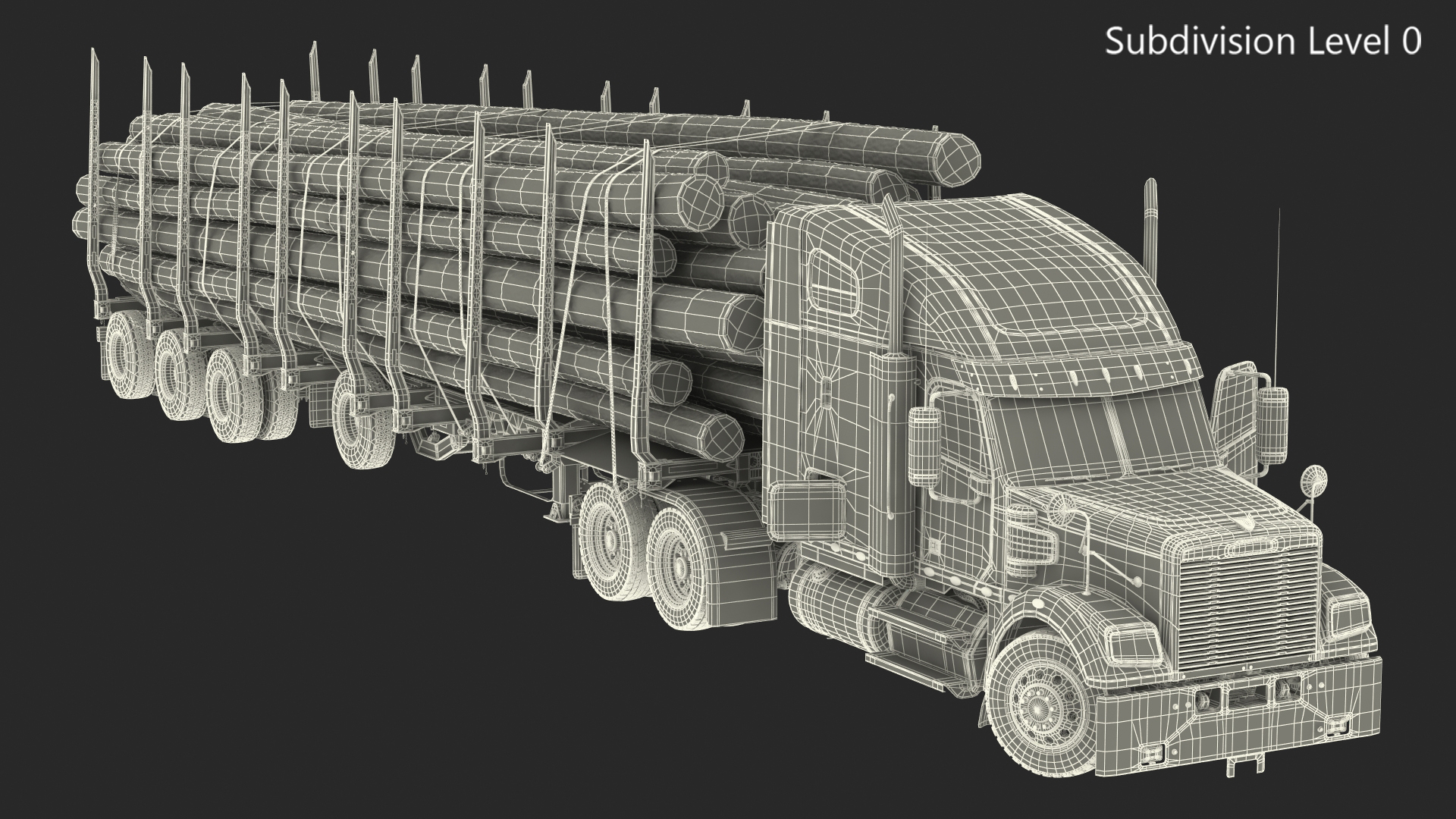 3D Freightliner Truck with Logging Trailer Rigged