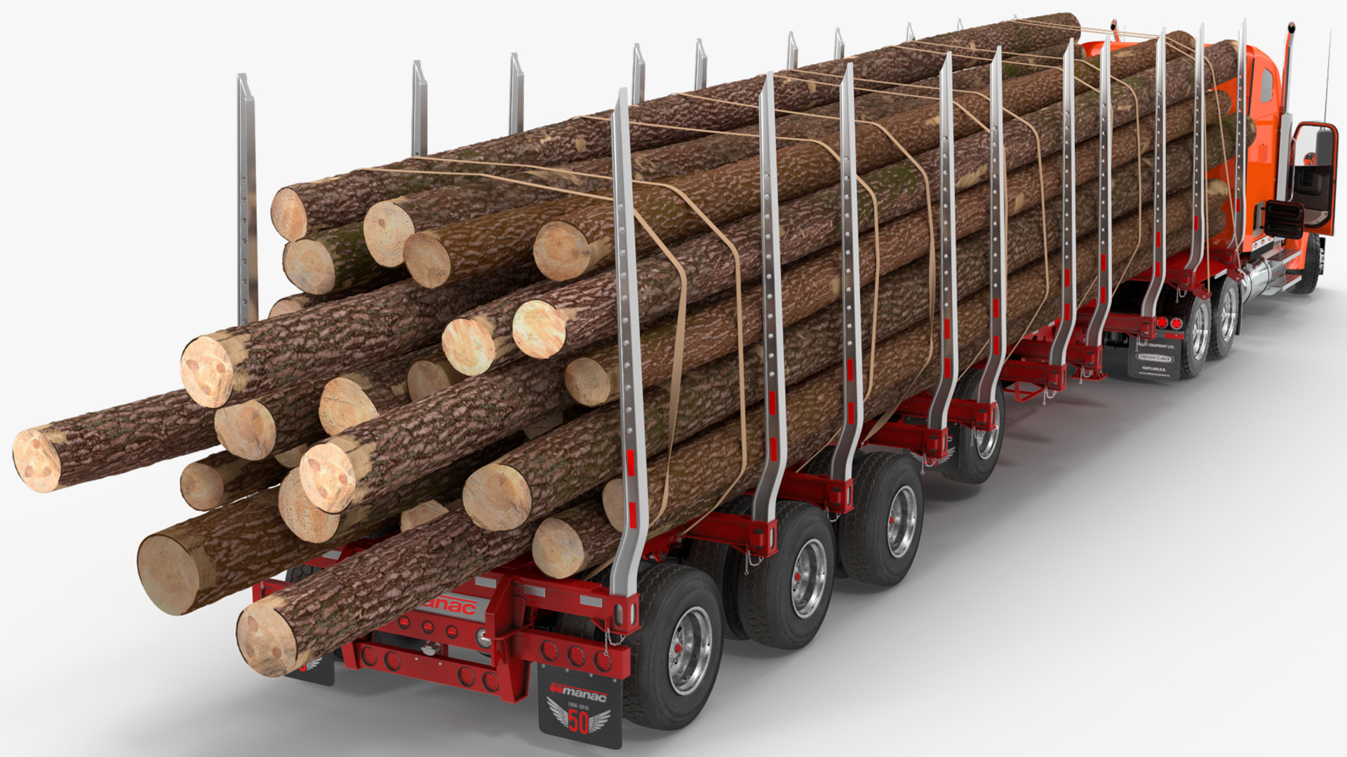 3D Freightliner Truck with Logging Trailer Rigged