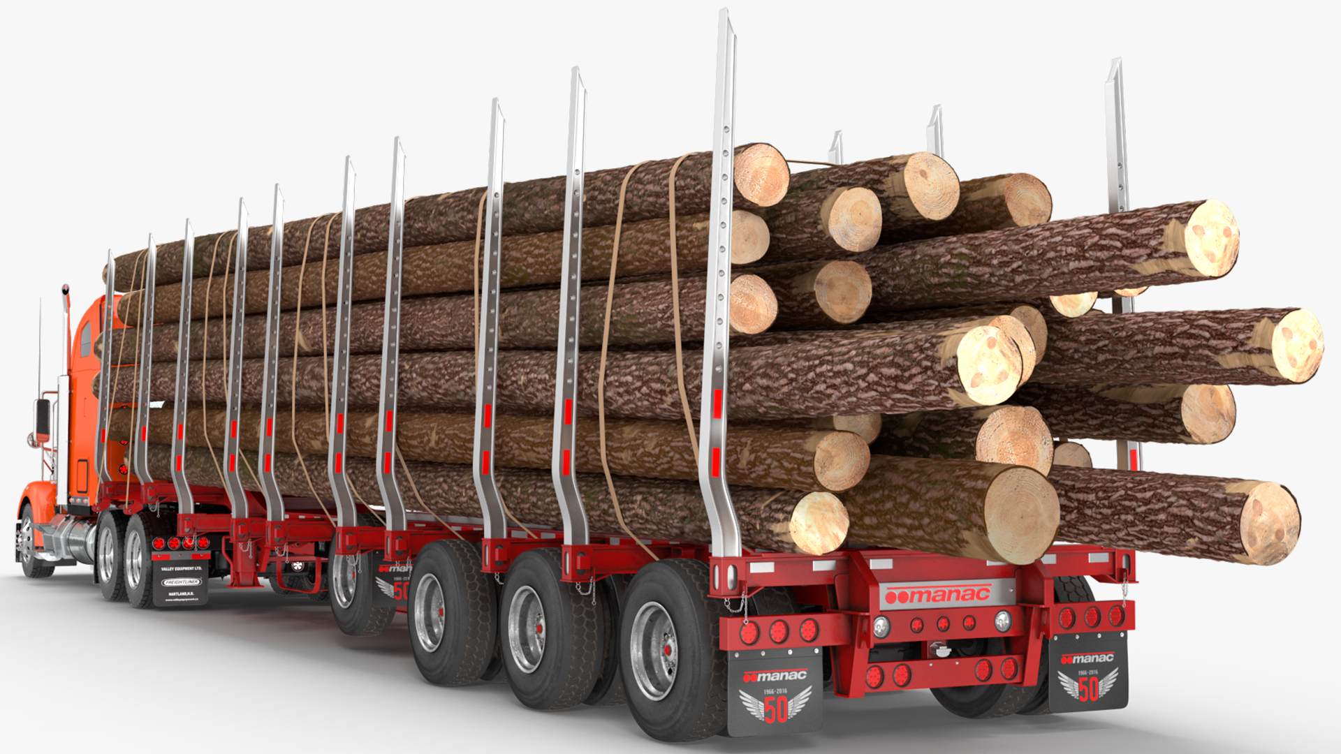 3D Freightliner Truck with Logging Trailer Rigged