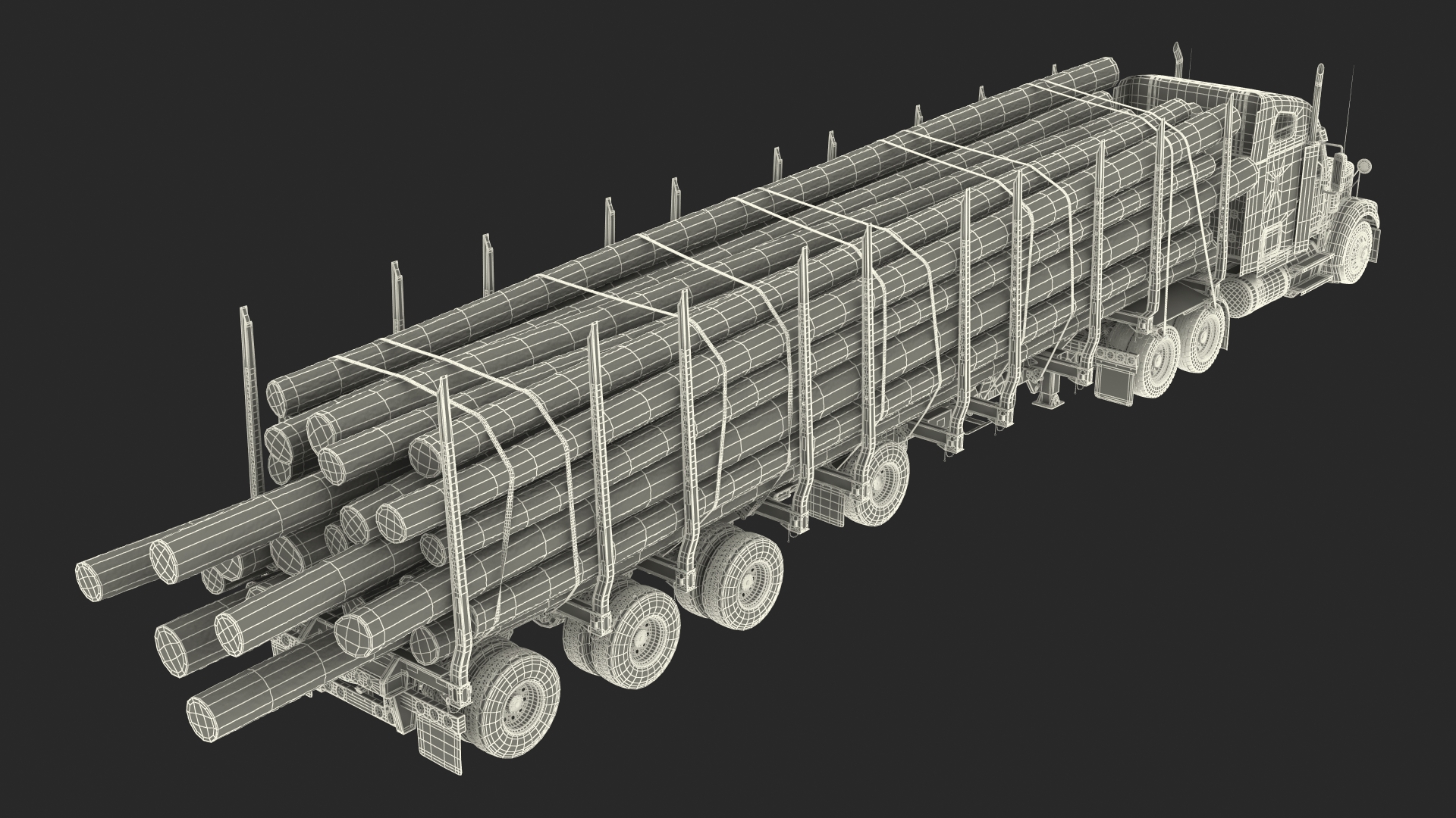 3D Freightliner Truck with Logging Trailer Rigged