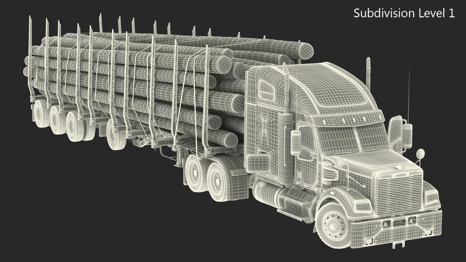 3D Freightliner Truck with Logging Trailer Rigged