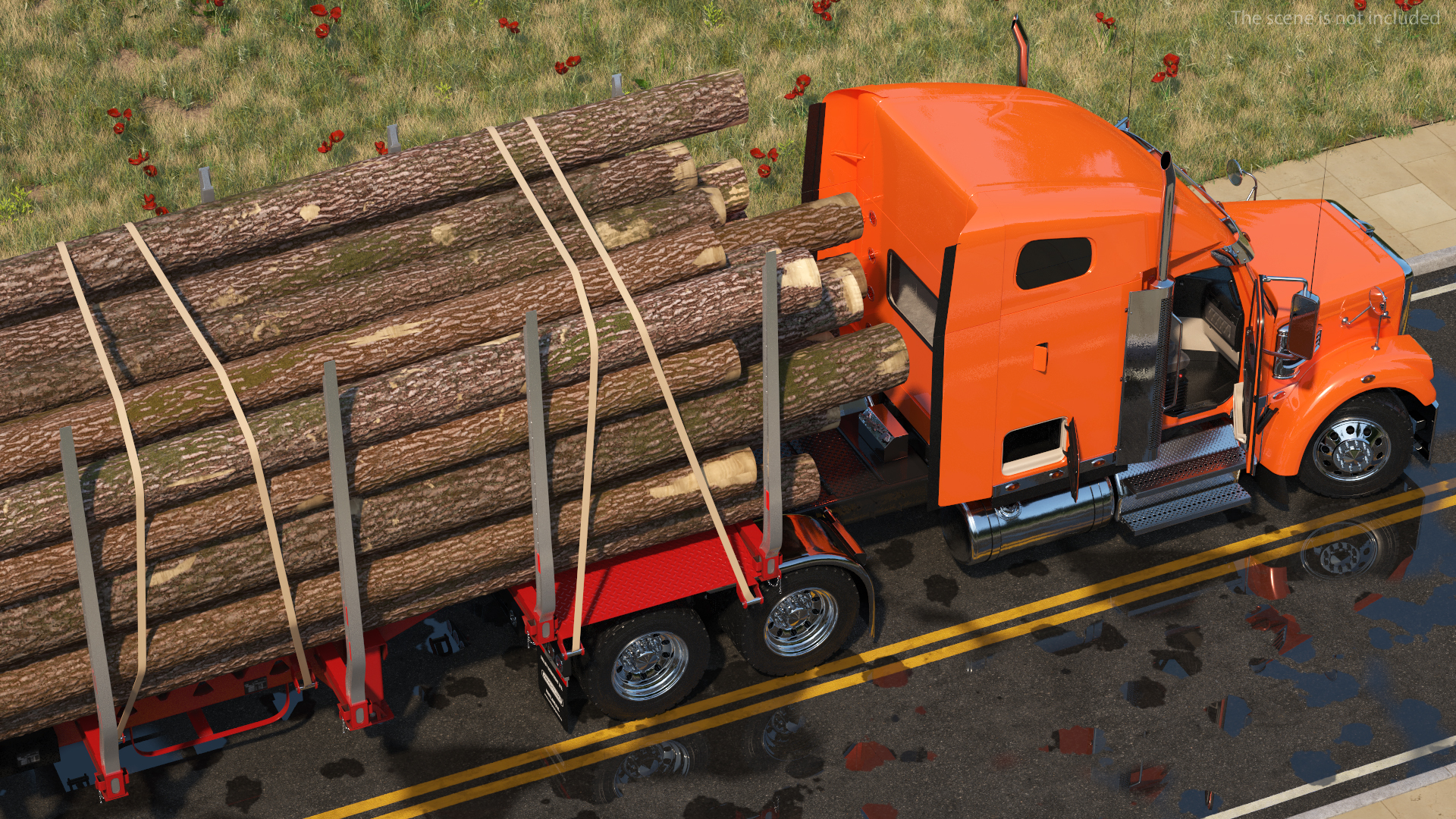 3D Freightliner Truck with Logging Trailer Rigged