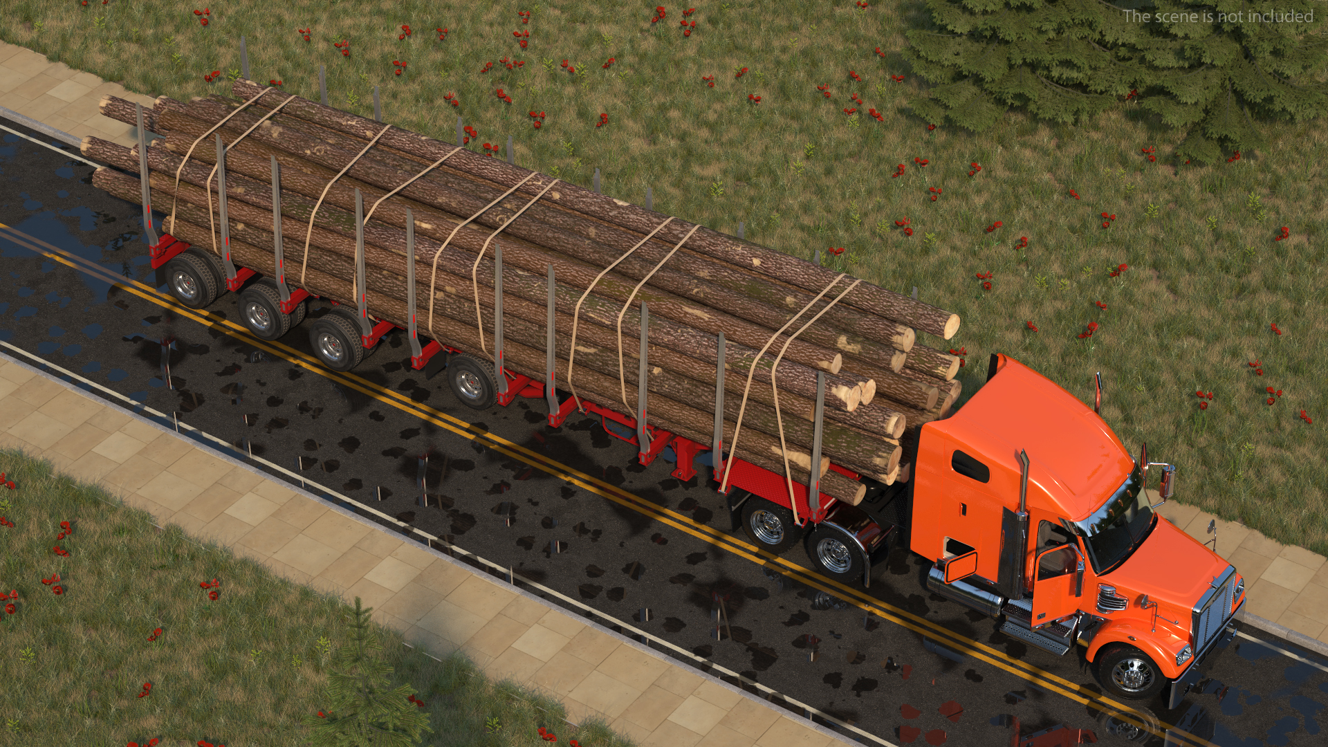 3D Freightliner Truck with Logging Trailer Rigged