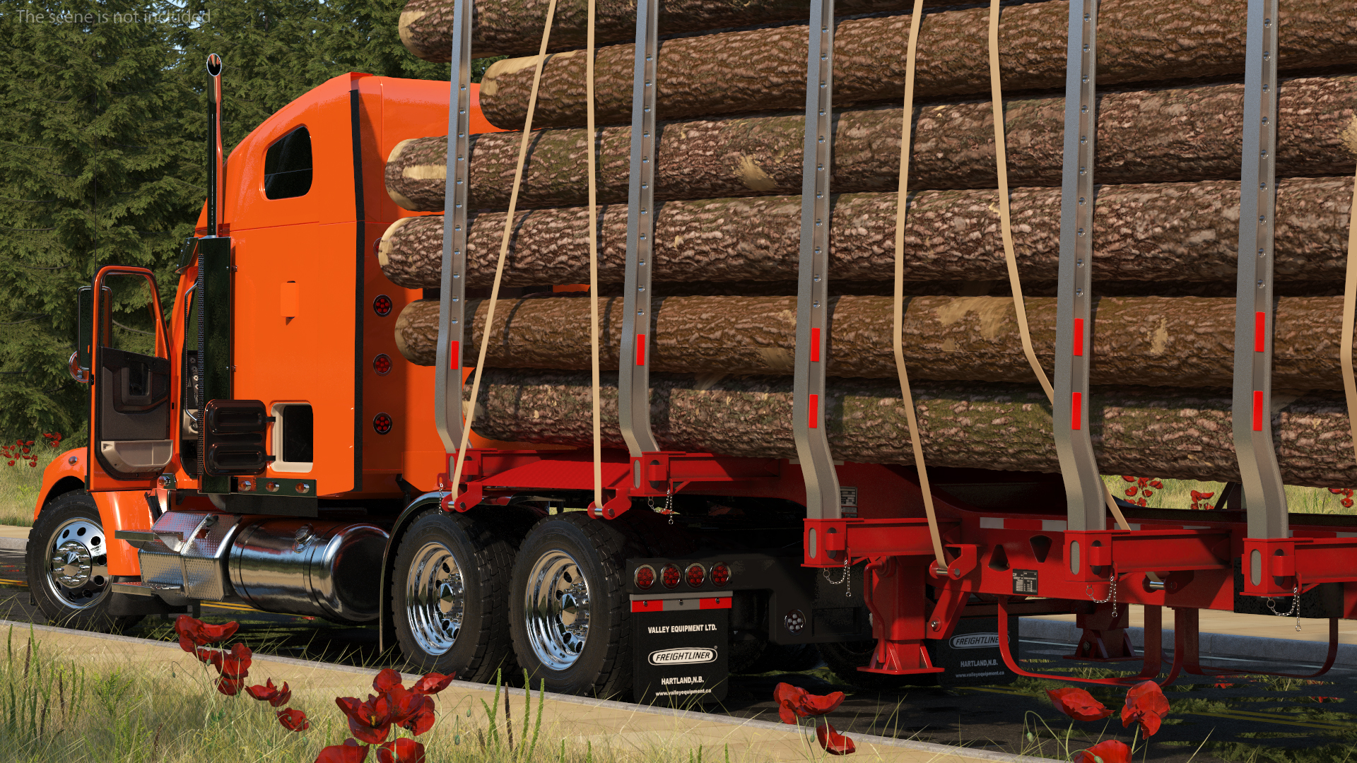 3D Freightliner Truck with Logging Trailer Rigged