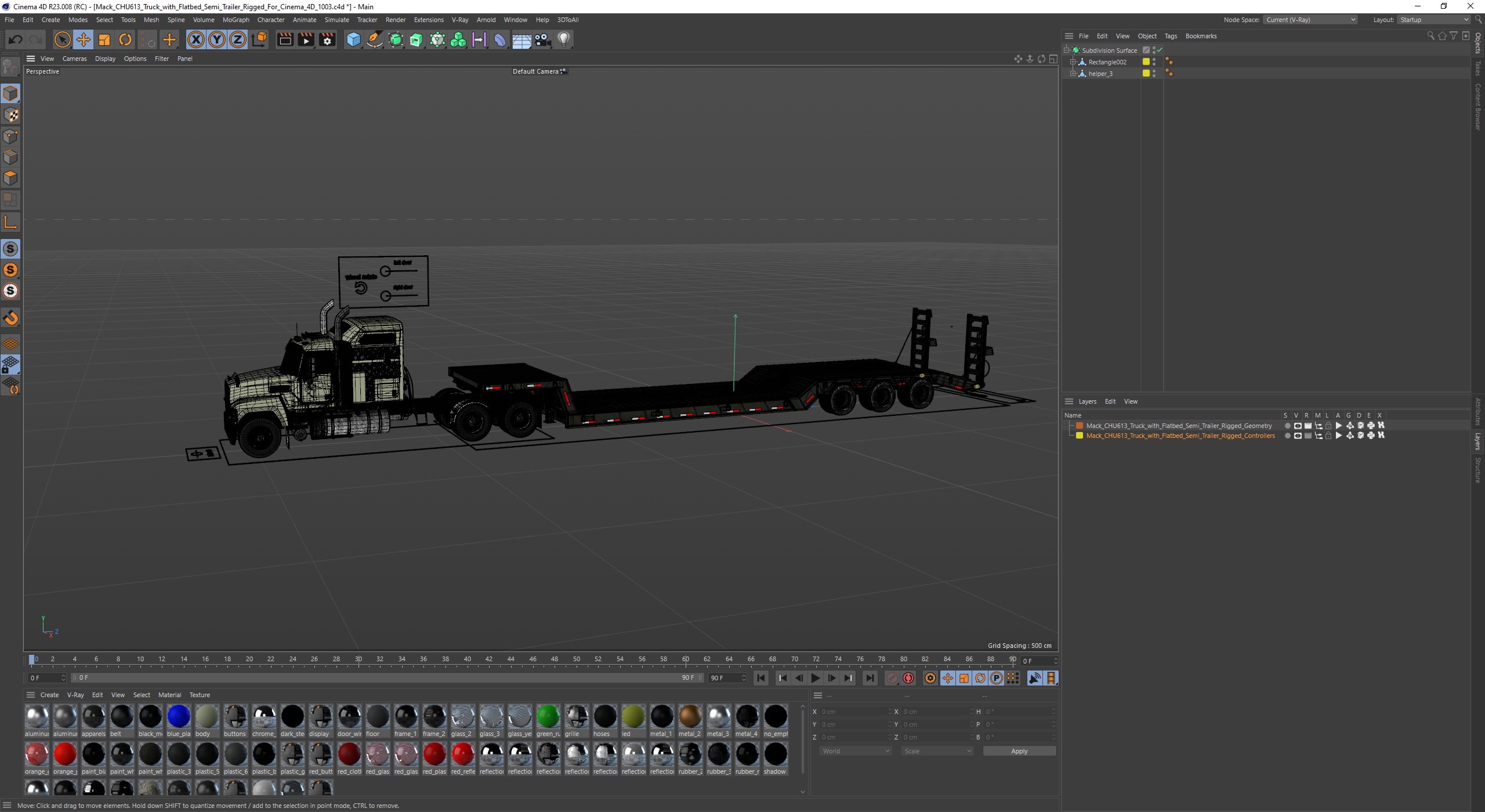 Mack CHU613 Truck with Flatbed Semi Trailer Rigged for Cinema 4D 3D model