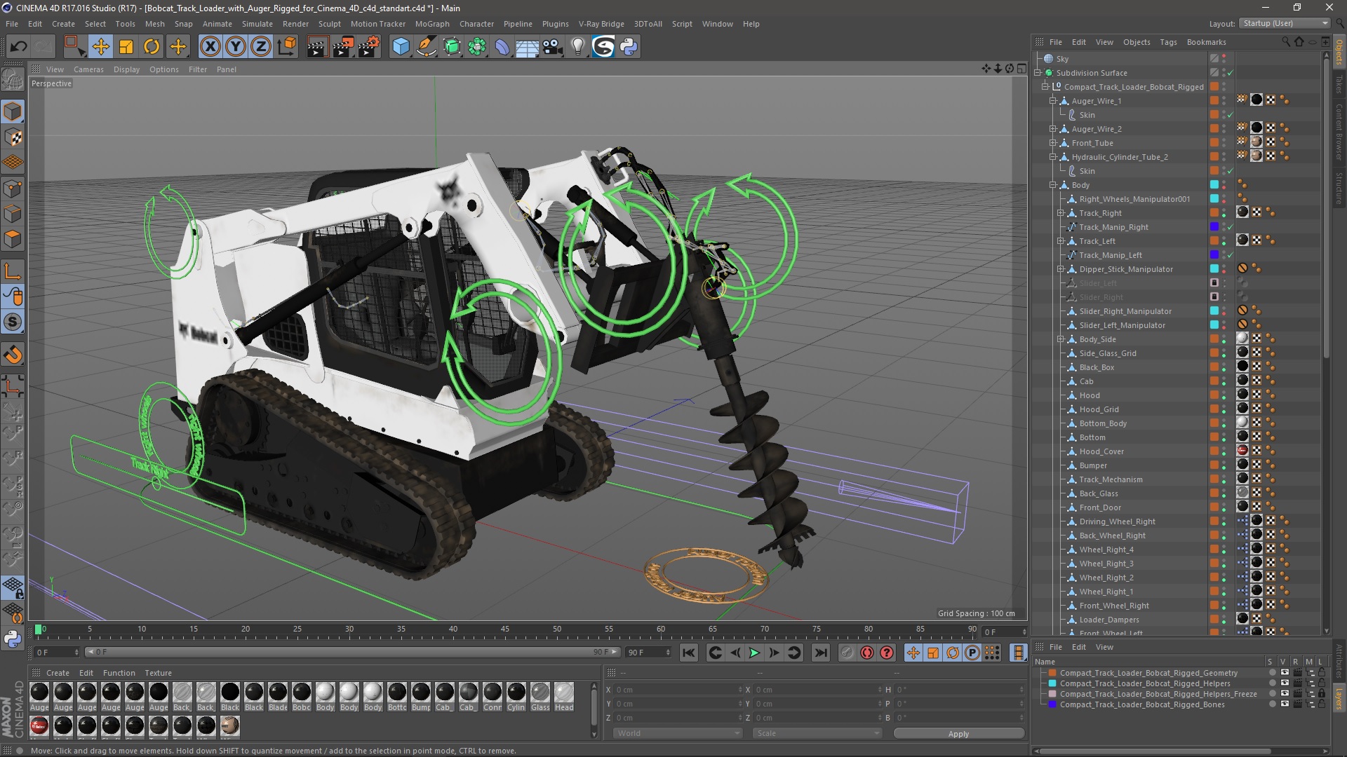 3D Bobcat Track Loader with Auger Rigged for Cinema 4D
