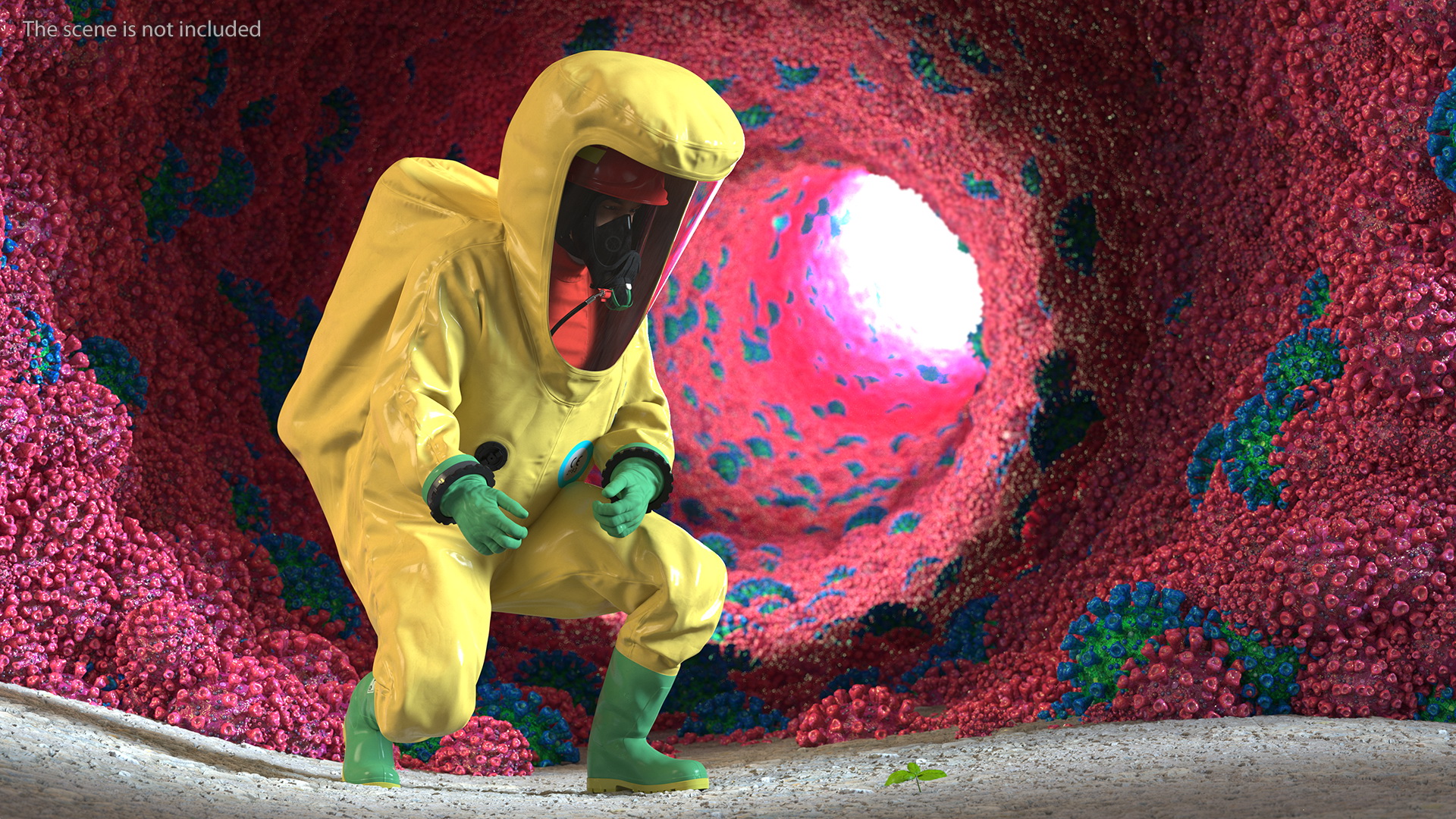 3D Heavy Duty Chemical Protective Suit Squat Pose Yellow model