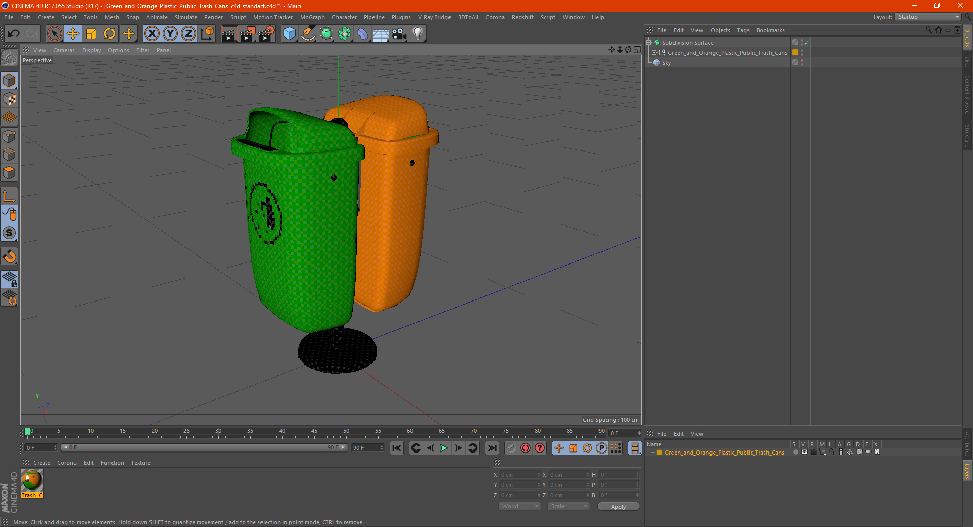 Green and Orange Plastic Public Trash Cans 3D