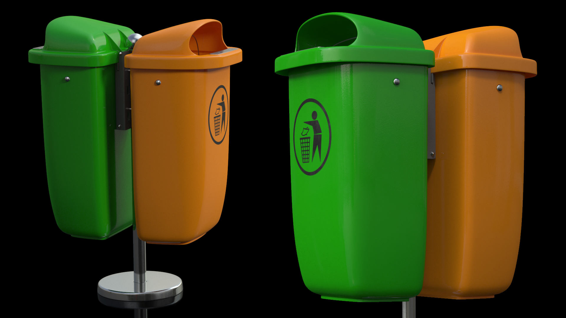 Green and Orange Plastic Public Trash Cans 3D
