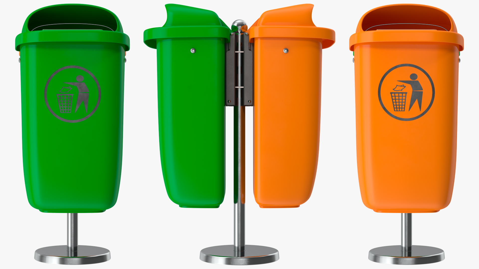 Green and Orange Plastic Public Trash Cans 3D