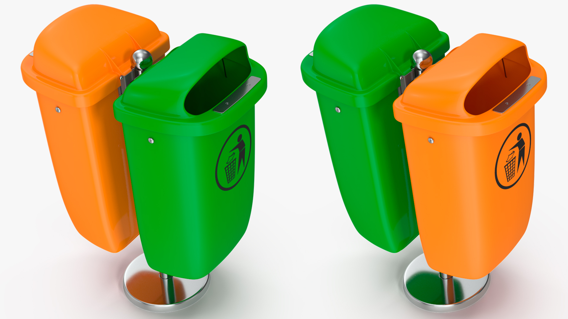 Green and Orange Plastic Public Trash Cans 3D