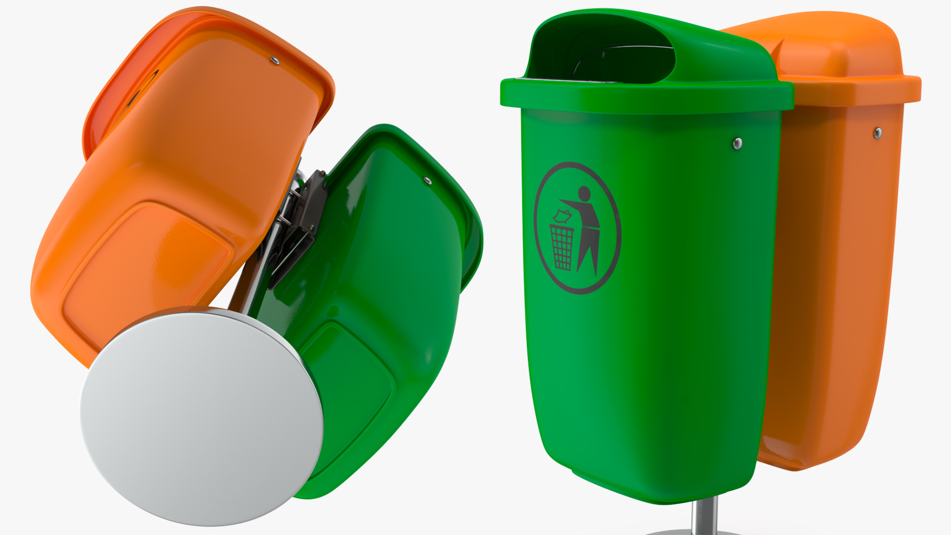 Green and Orange Plastic Public Trash Cans 3D