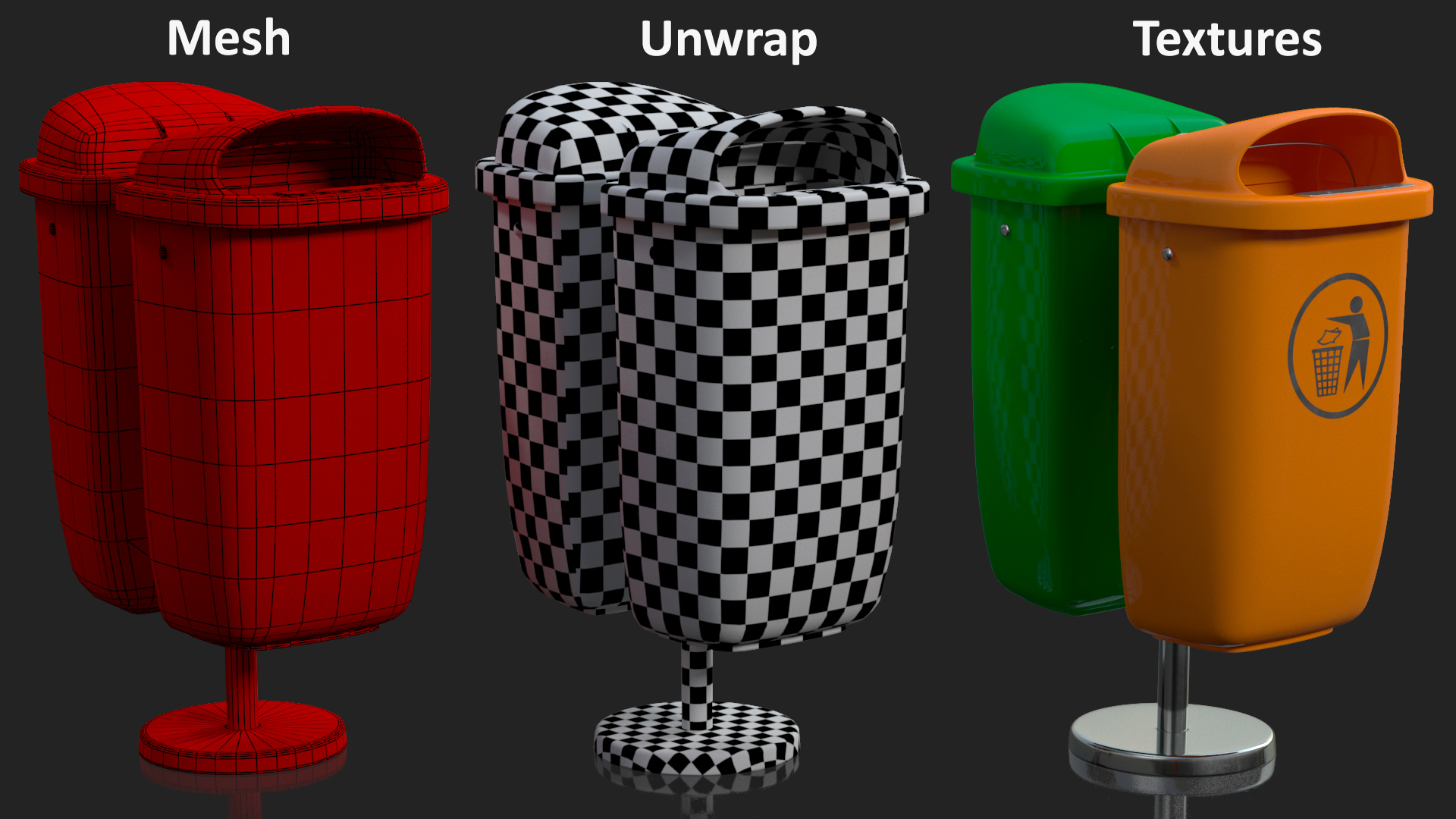 Green and Orange Plastic Public Trash Cans 3D