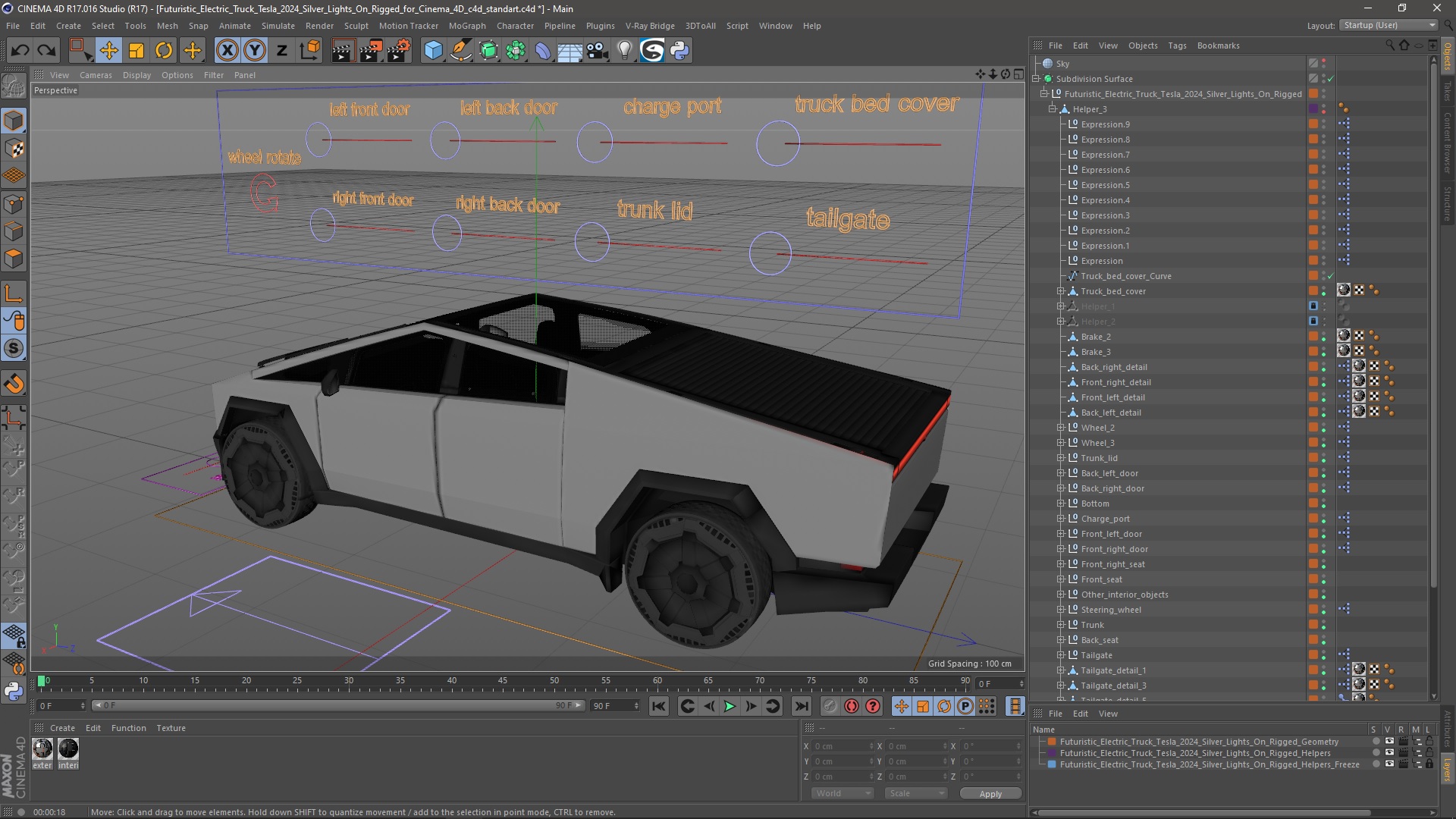 Futuristic Electric Truck Tesla 2024 Silver Lights On Rigged for Cinema 4D 3D model