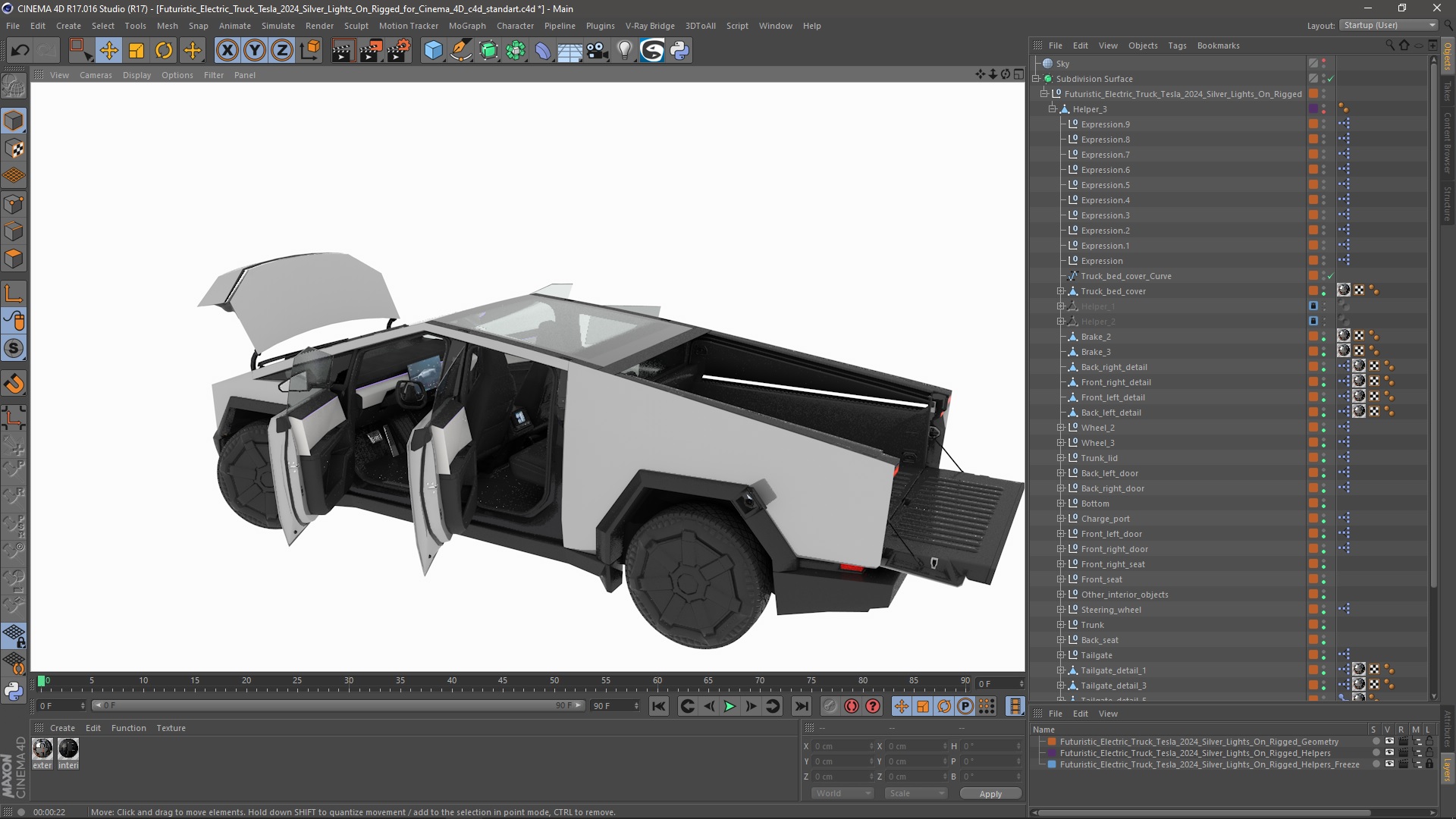 Futuristic Electric Truck Tesla 2024 Silver Lights On Rigged for Cinema 4D 3D model