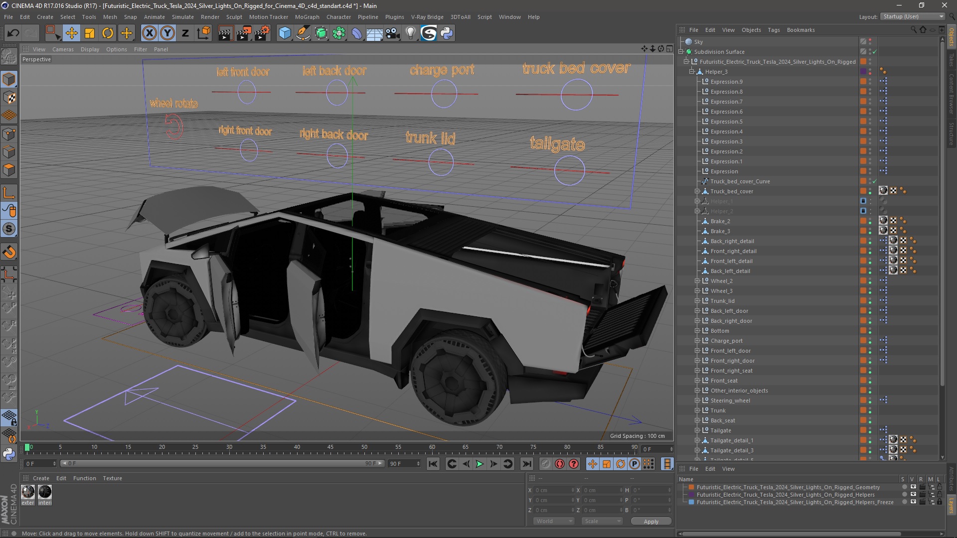 Futuristic Electric Truck Tesla 2024 Silver Lights On Rigged for Cinema 4D 3D model