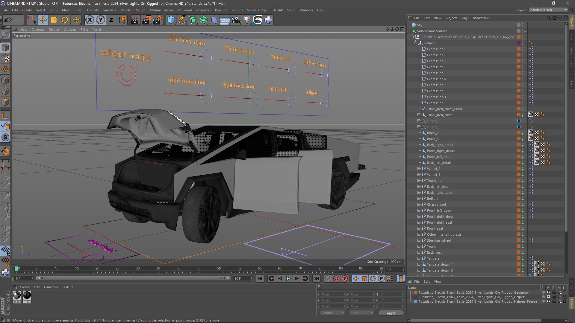 Futuristic Electric Truck Tesla 2024 Silver Lights On Rigged for Cinema 4D 3D model