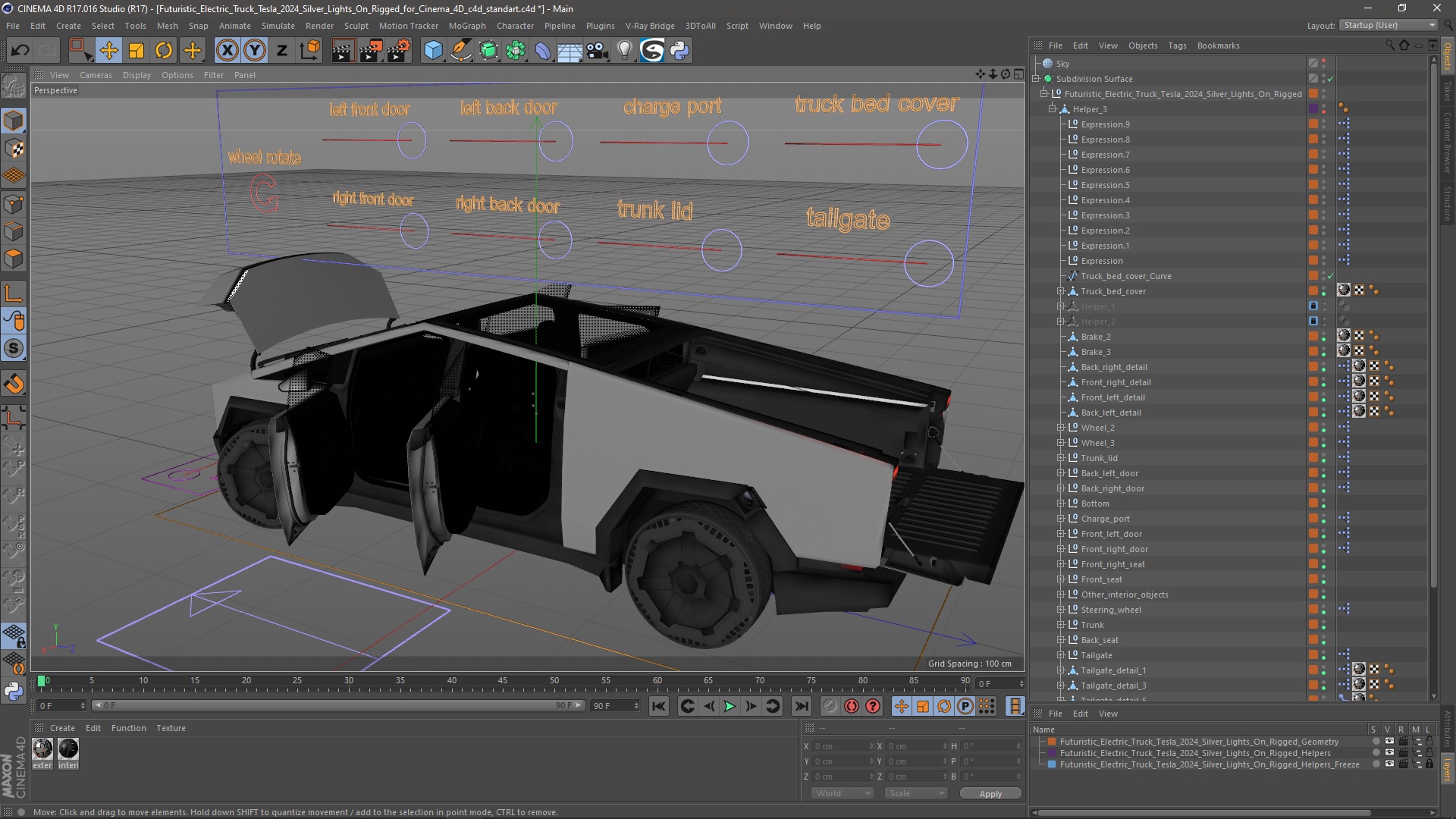 Futuristic Electric Truck Tesla 2024 Silver Lights On Rigged for Cinema 4D 3D model