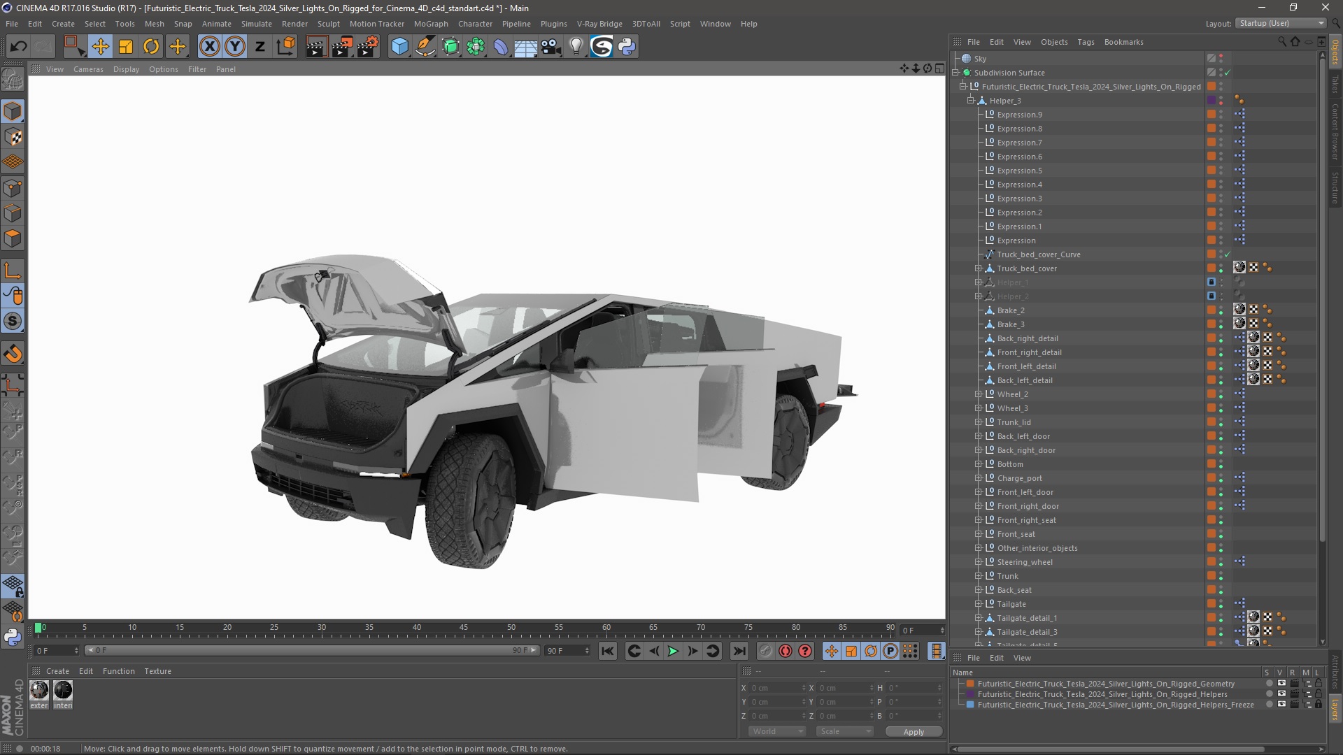 Futuristic Electric Truck Tesla 2024 Silver Lights On Rigged for Cinema 4D 3D model