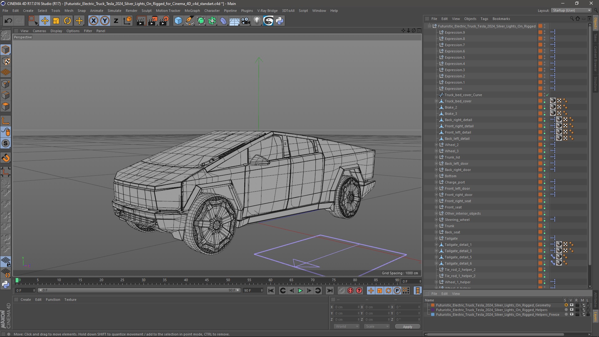 Futuristic Electric Truck Tesla 2024 Silver Lights On Rigged for Cinema 4D 3D model