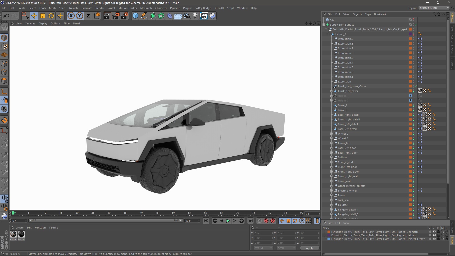 Futuristic Electric Truck Tesla 2024 Silver Lights On Rigged for Cinema 4D 3D model