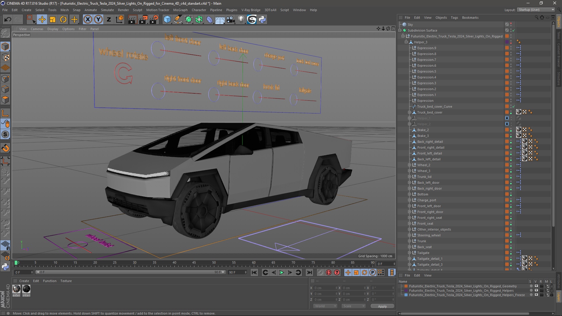 Futuristic Electric Truck Tesla 2024 Silver Lights On Rigged for Cinema 4D 3D model