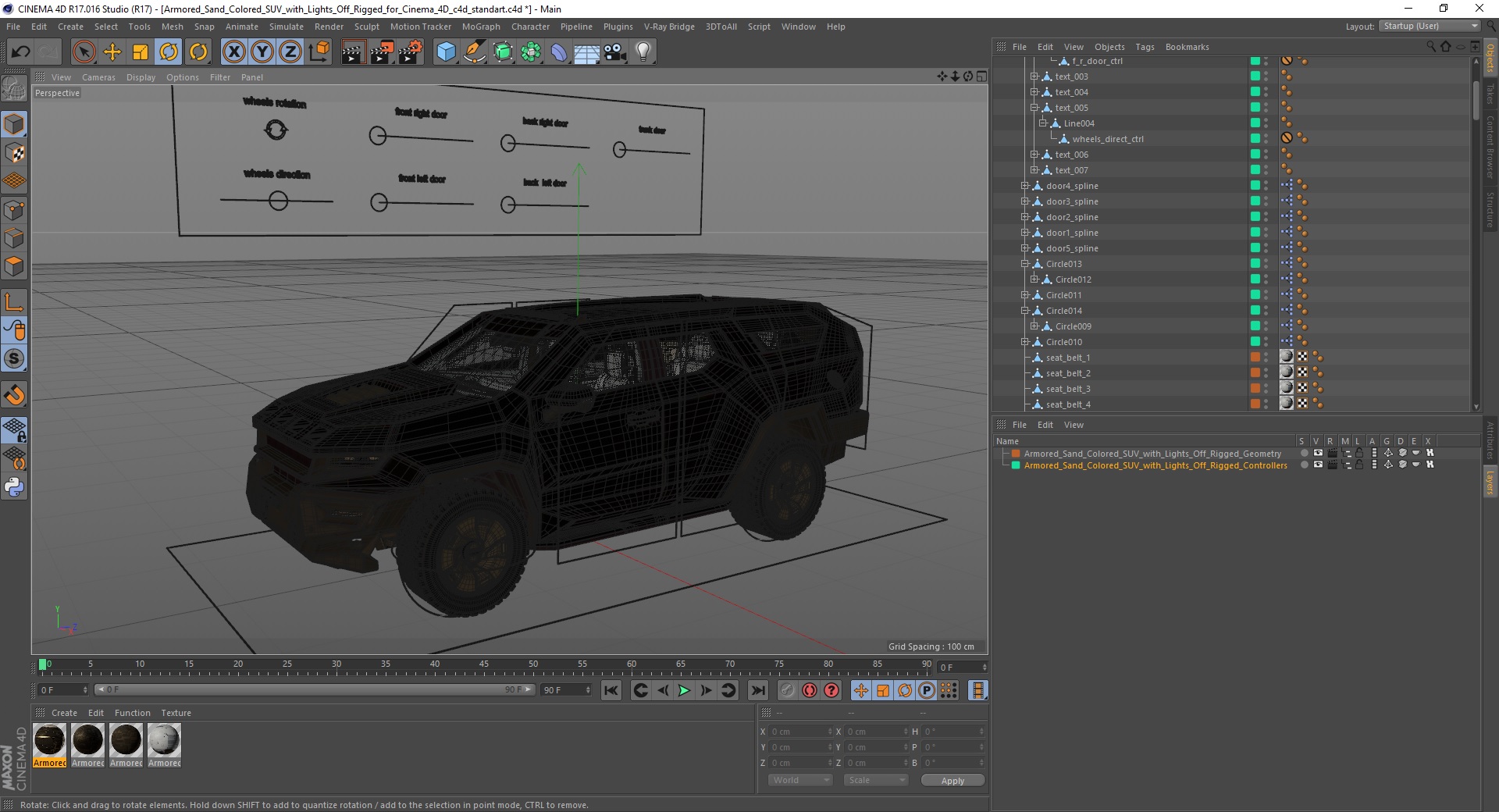 3D Armored Sand Colored SUV with Lights Off Rigged for Cinema 4D
