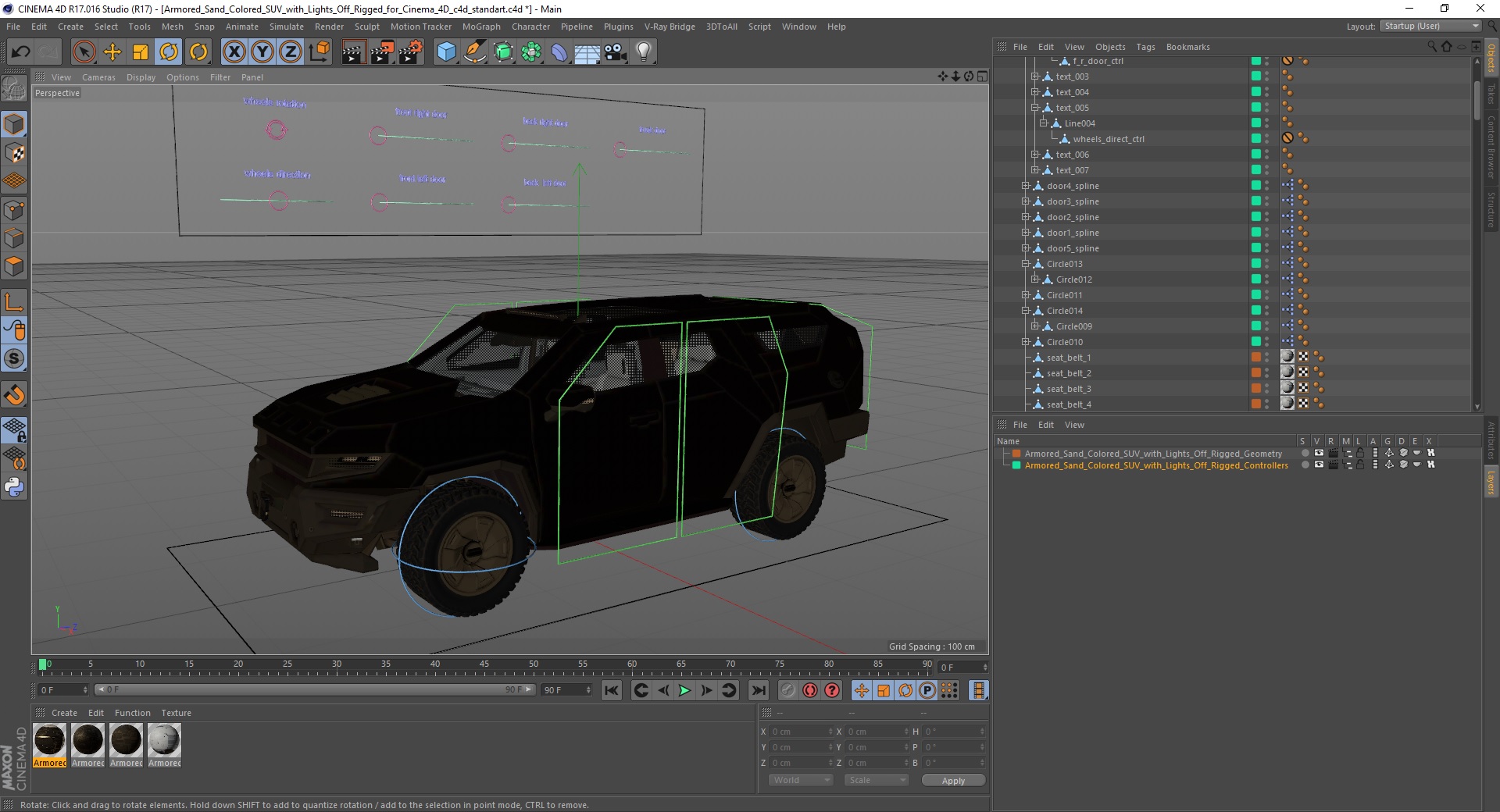 3D Armored Sand Colored SUV with Lights Off Rigged for Cinema 4D